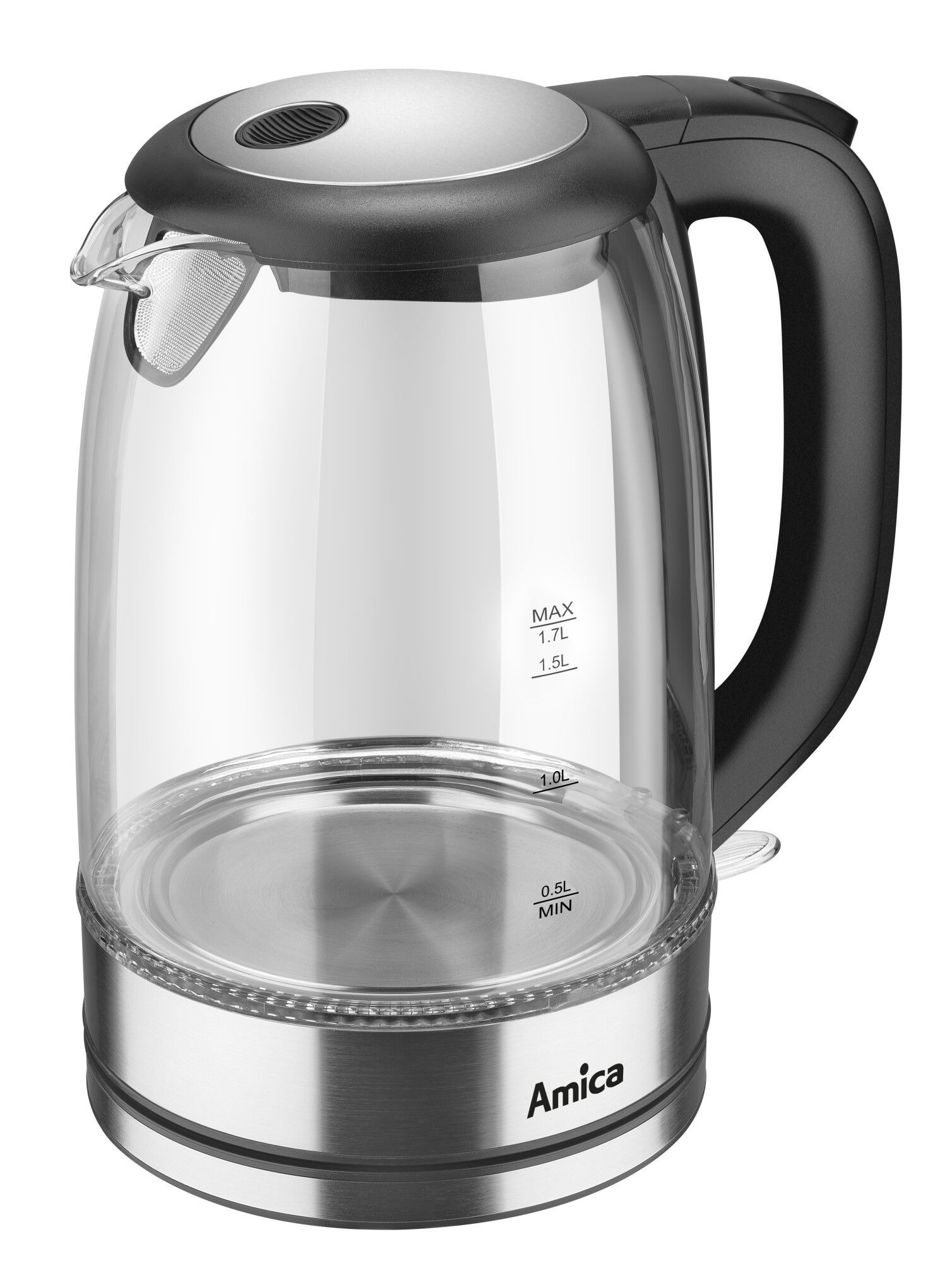 Bollitore elettrico in vetro con impugnatura nera e base argentata con logo Amica.