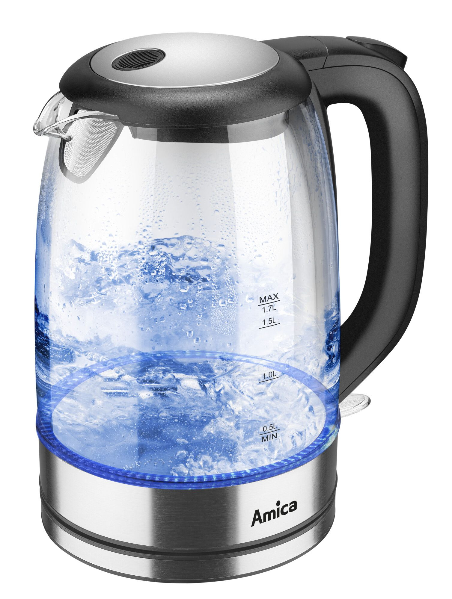 Bollitore elettrico in vetro con manico nero e illuminazione blu con acqua bollente.