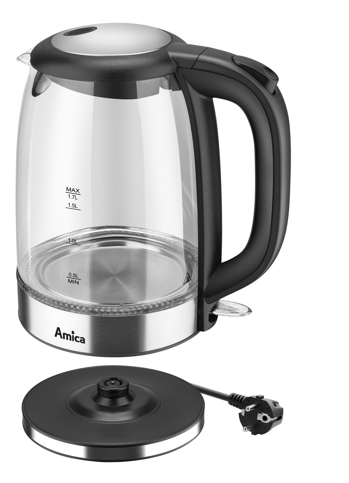 Bollitore elettrico in vetro trasparente con manico e base neri e una base di alimentazione separata con cavo.