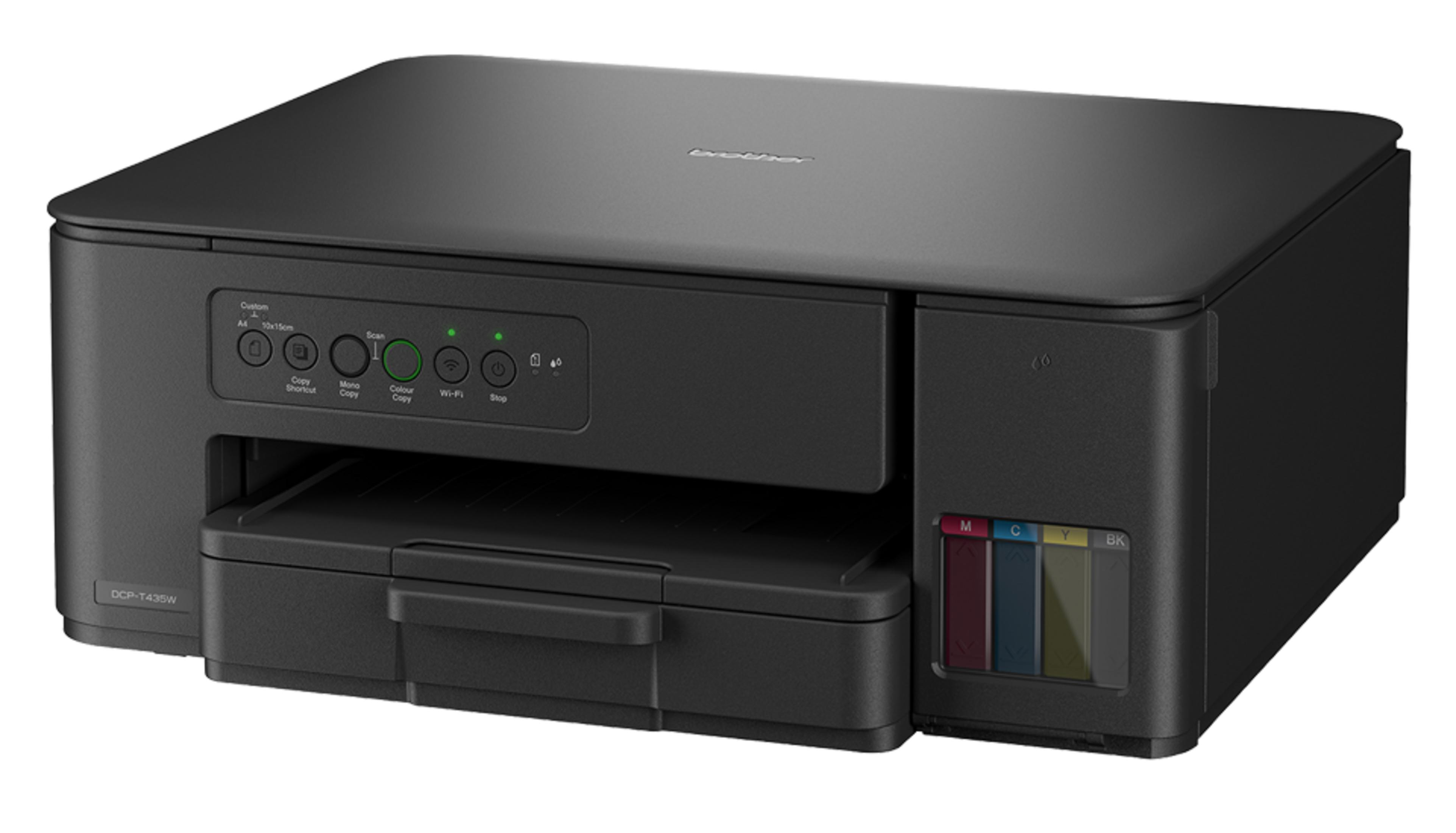 Ein schwarzer Brother-Multifunktionsdrucker mit integrierten Tintentanks auf der rechten Seite.