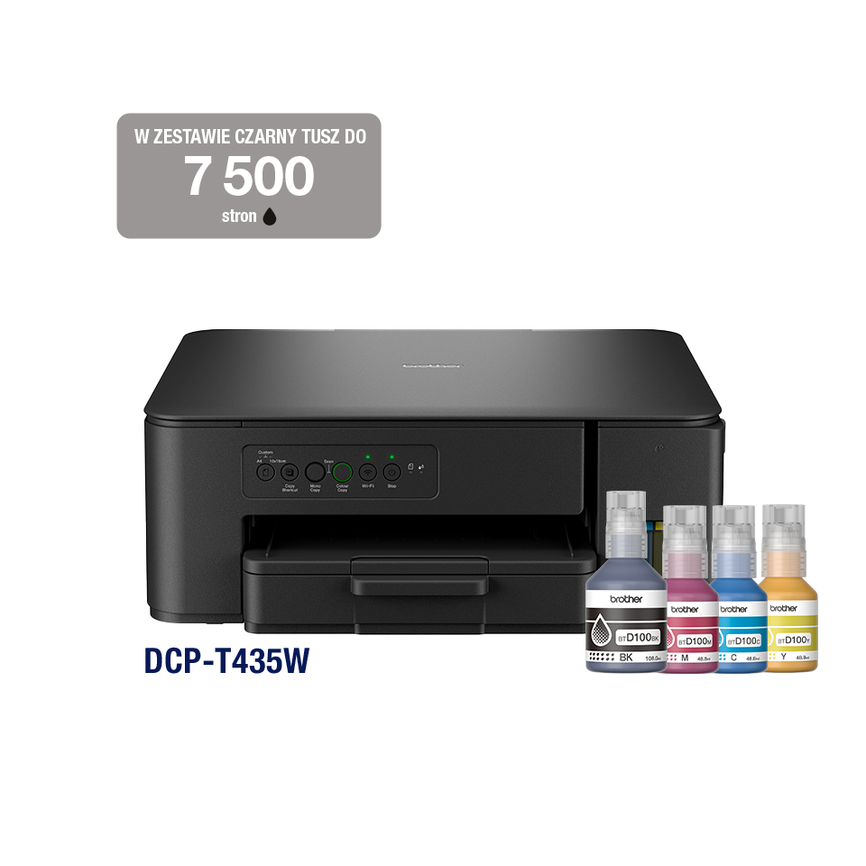 Schwarzer Brother DCP-T435W Tintenstrahldrucker mit vier farbigen Tintenflaschen und Textfeld.