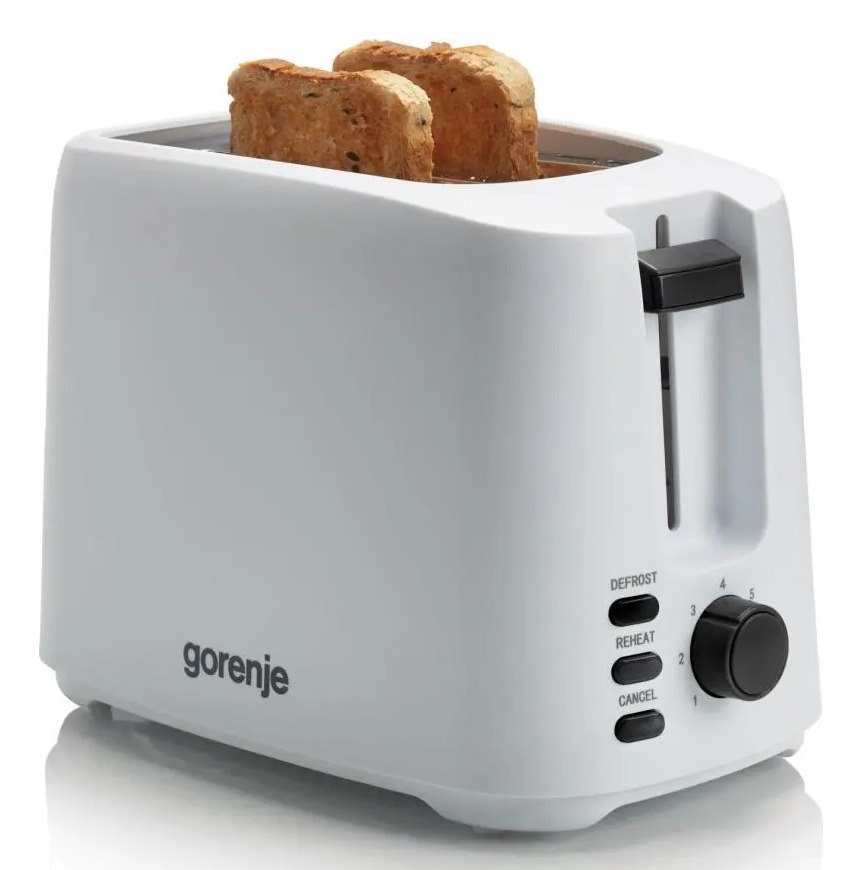Un tostapane bianco Gorenje con due fette di pane tostate, pulsanti di controllo e una leva su sfondo bianco.