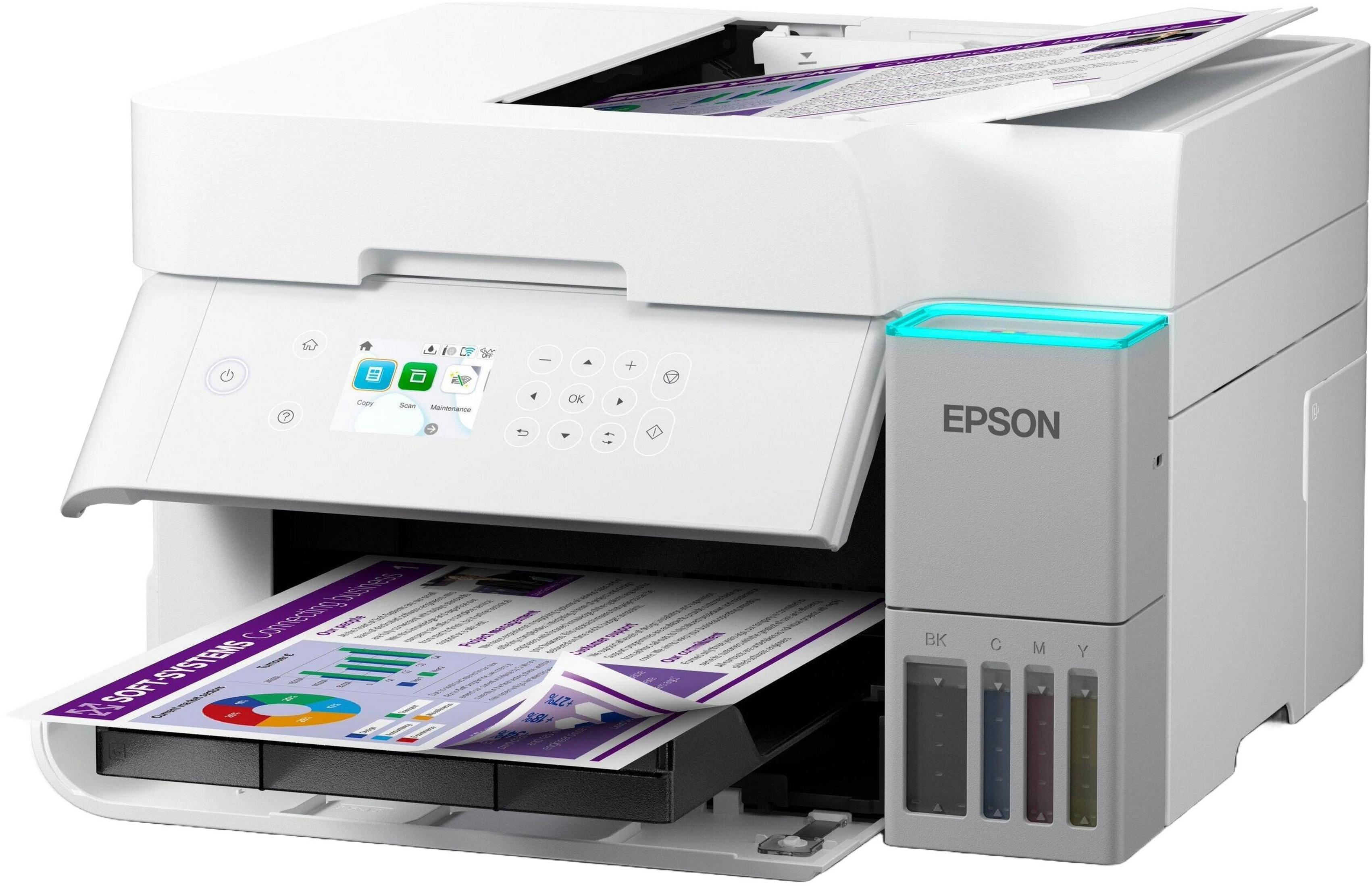 Biała drukarka atramentowa Epson z zewnętrznymi zbiornikami na tusz.