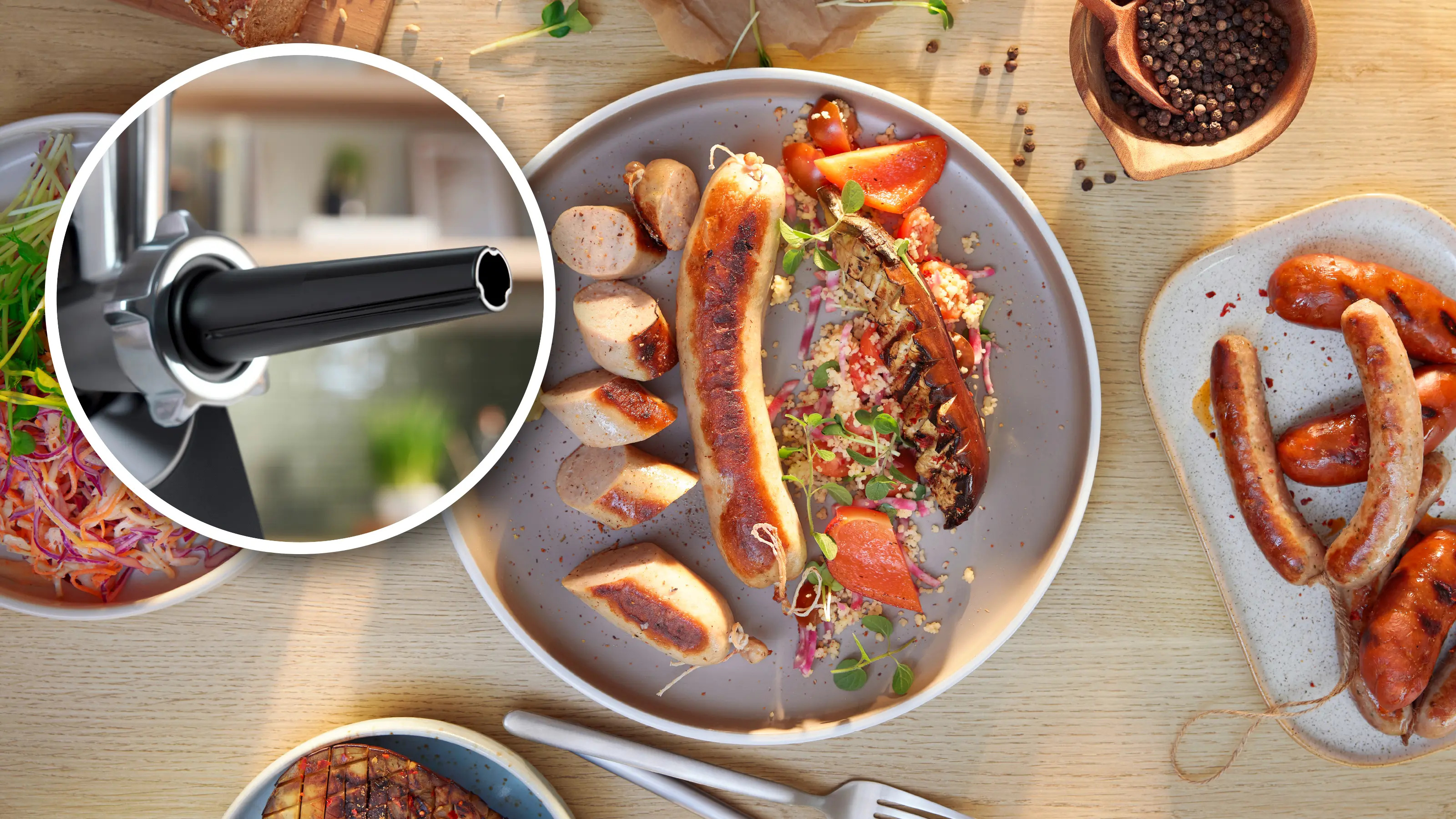 Verschiedene gebratene Würste auf Tellern mit Gemüse, ein Kreisausschnitt zeigt eine Wurstfüllmaschine.