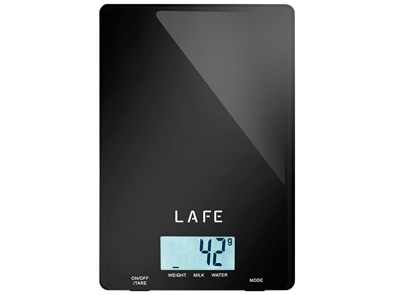 Schwarze digitale Küchenwaage mit beleuchtetem Display zeigt 42g und die Aufschrift LAFE.