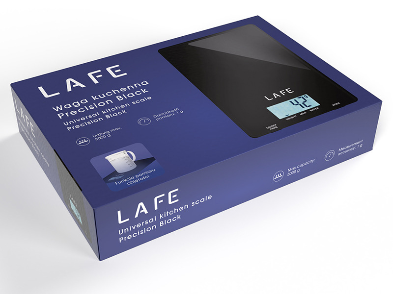 Blaue Verpackung einer schwarzen LAFE Küchenwaage mit Bild und technischen Daten.