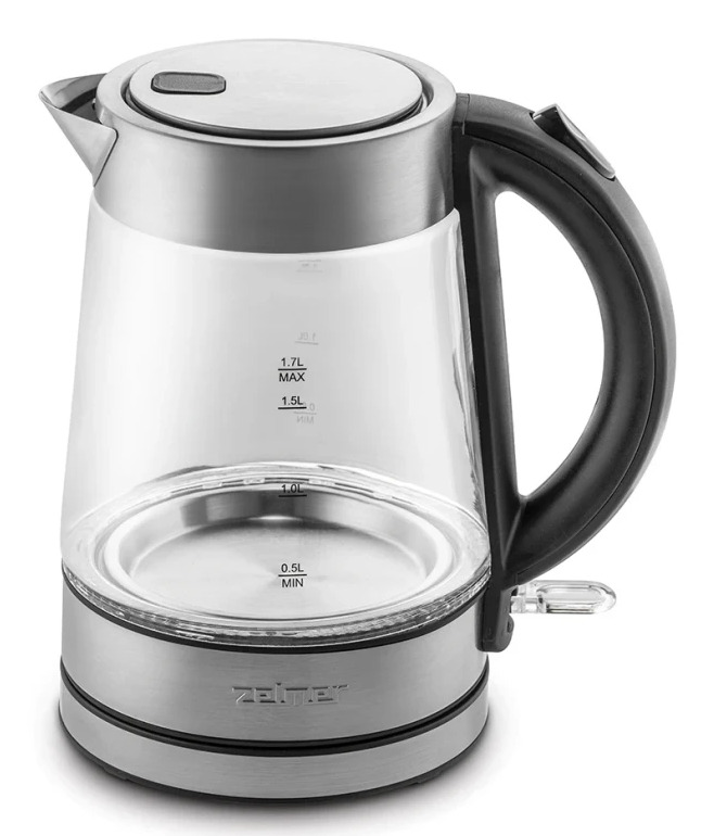 Moderno bollitore elettrico con corpo in vetro, base e coperchio in metallo argentato e manico nero su sfondo bianco.
