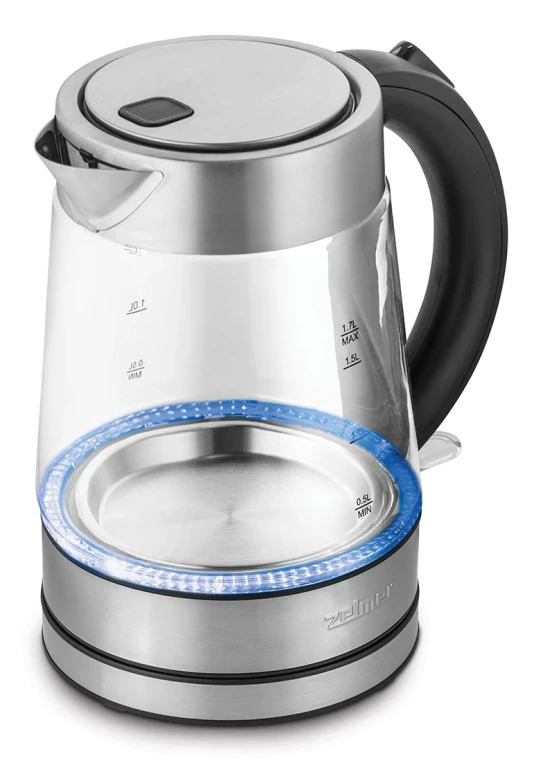Bollitore in vetro con manico nero e illuminazione a LED blu su sfondo grigio.