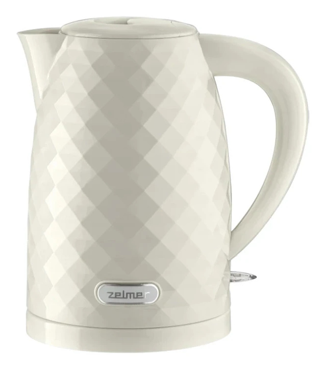 Bollitore elettrico beige con motivo a rombi di Zelmer su sfondo bianco.