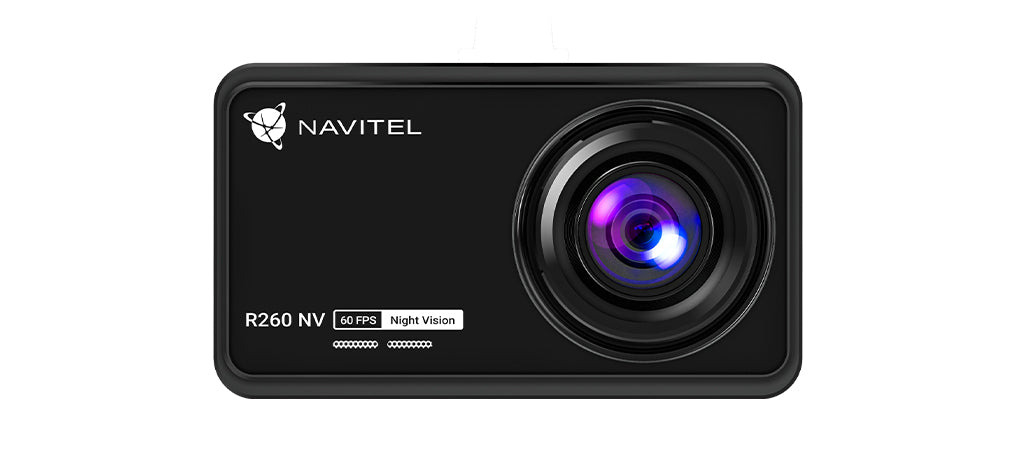 Schwarze Navitel R260 NV Dashcam mit großem runden Kameraobjektiv und weißer Beschriftung auf der Vorderseite.