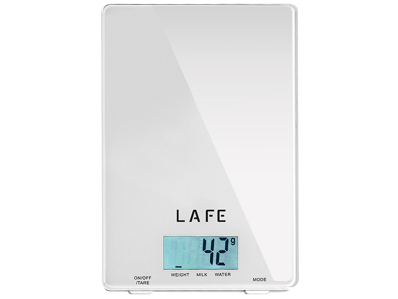 Eine weiße digitale Küchenwaage der Marke Lafe zeigt den Wert 42g auf einem blauen LCD-Display.