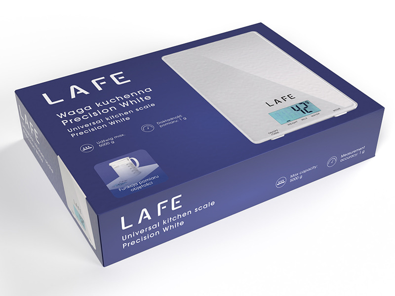 Blaue Produktverpackung einer Lafe Universal-Küchenwaage auf weißem Hintergrund.