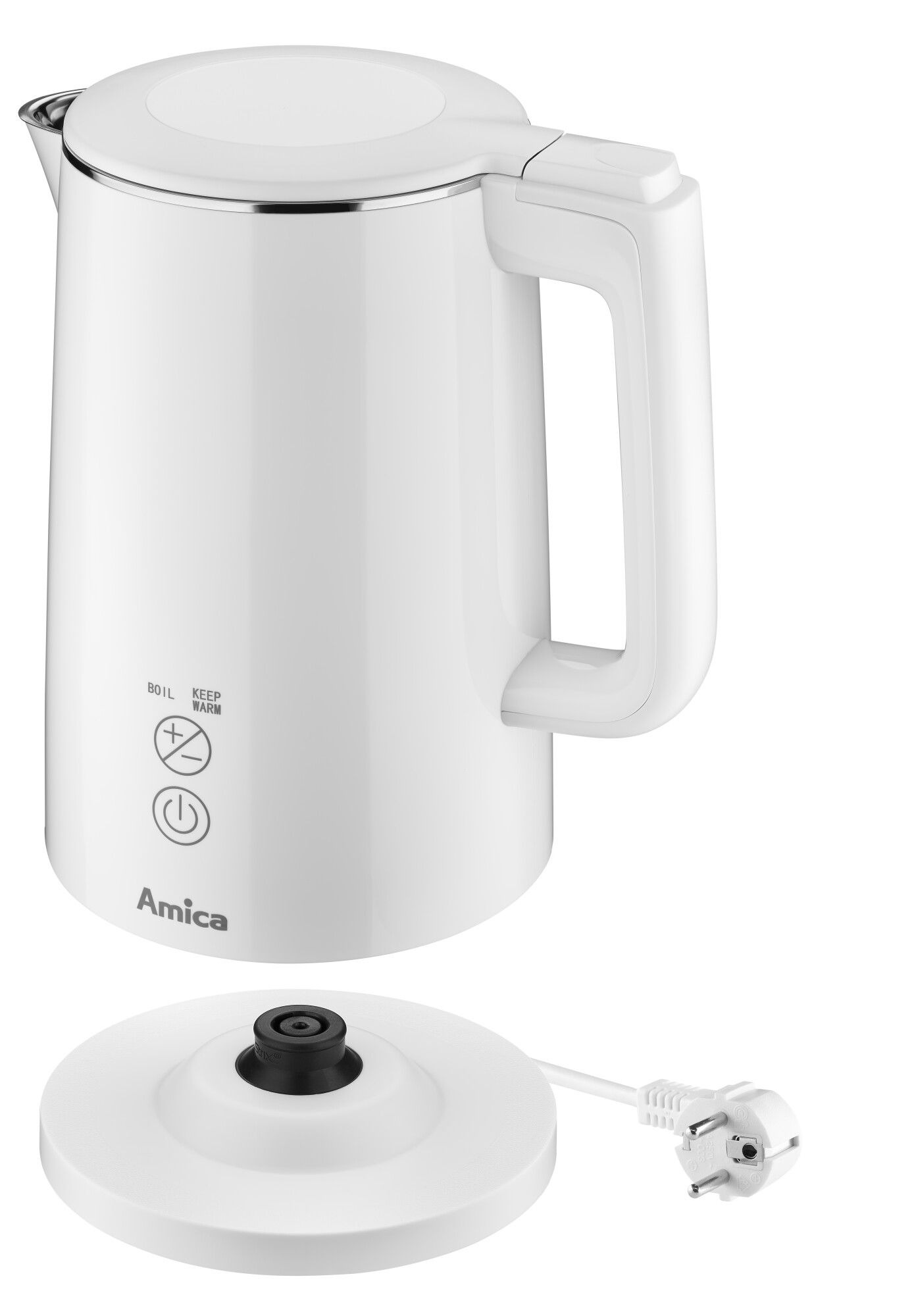 Un bollitore elettrico Amica bianco con controlli di temperatura e base di alimentazione.