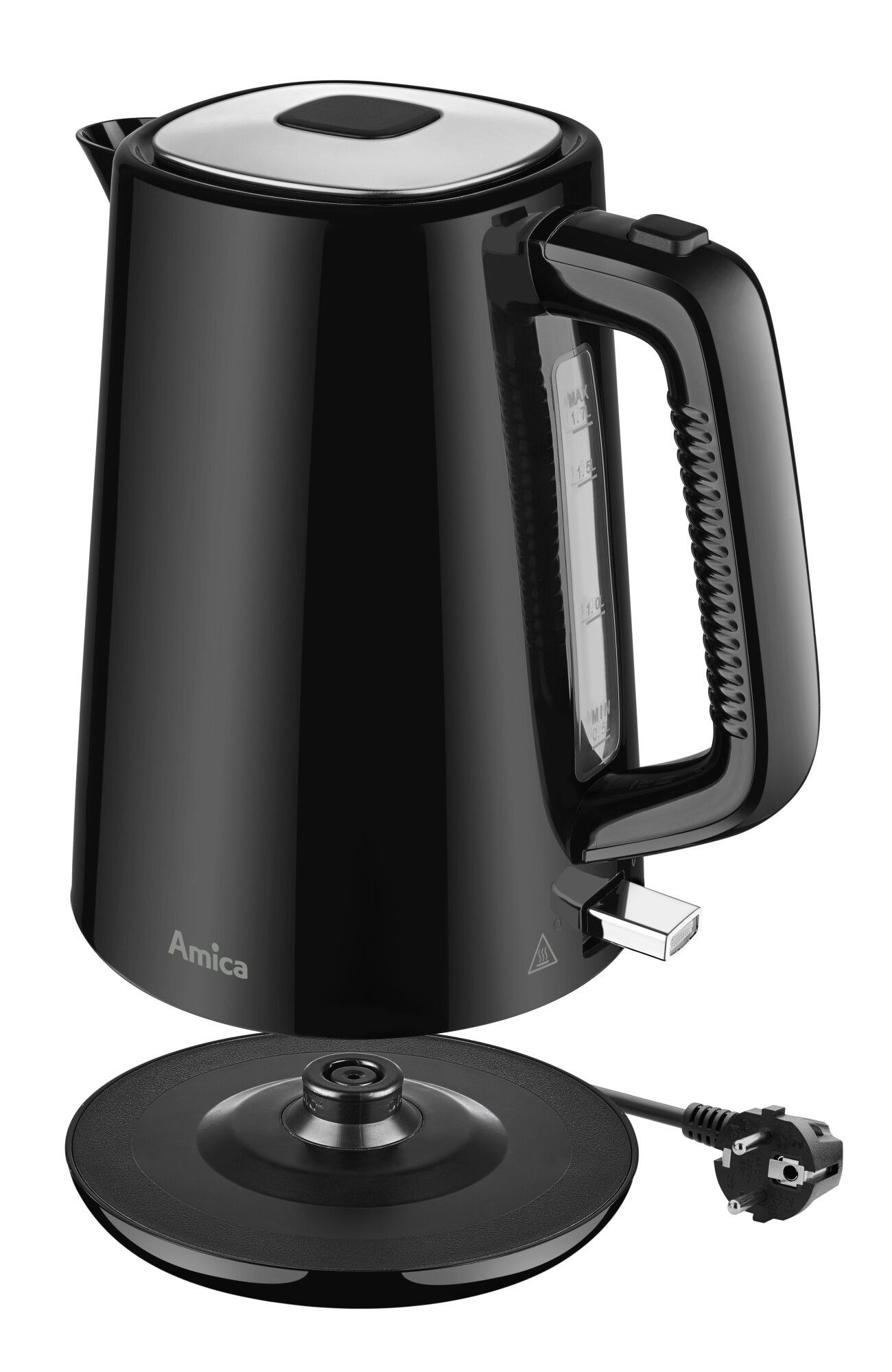 Un bollitore elettrico Amica nero con finiture e base argentate su sfondo bianco.