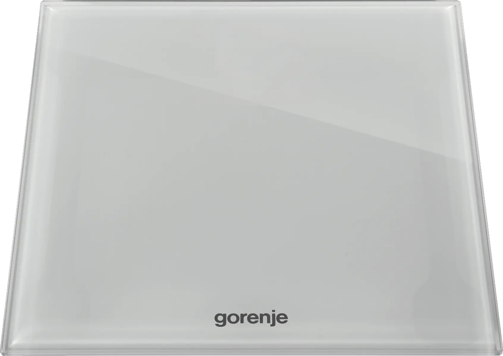 Kwadratowy, błyszczący biały szklany panel z logo Gorenje na dole.
