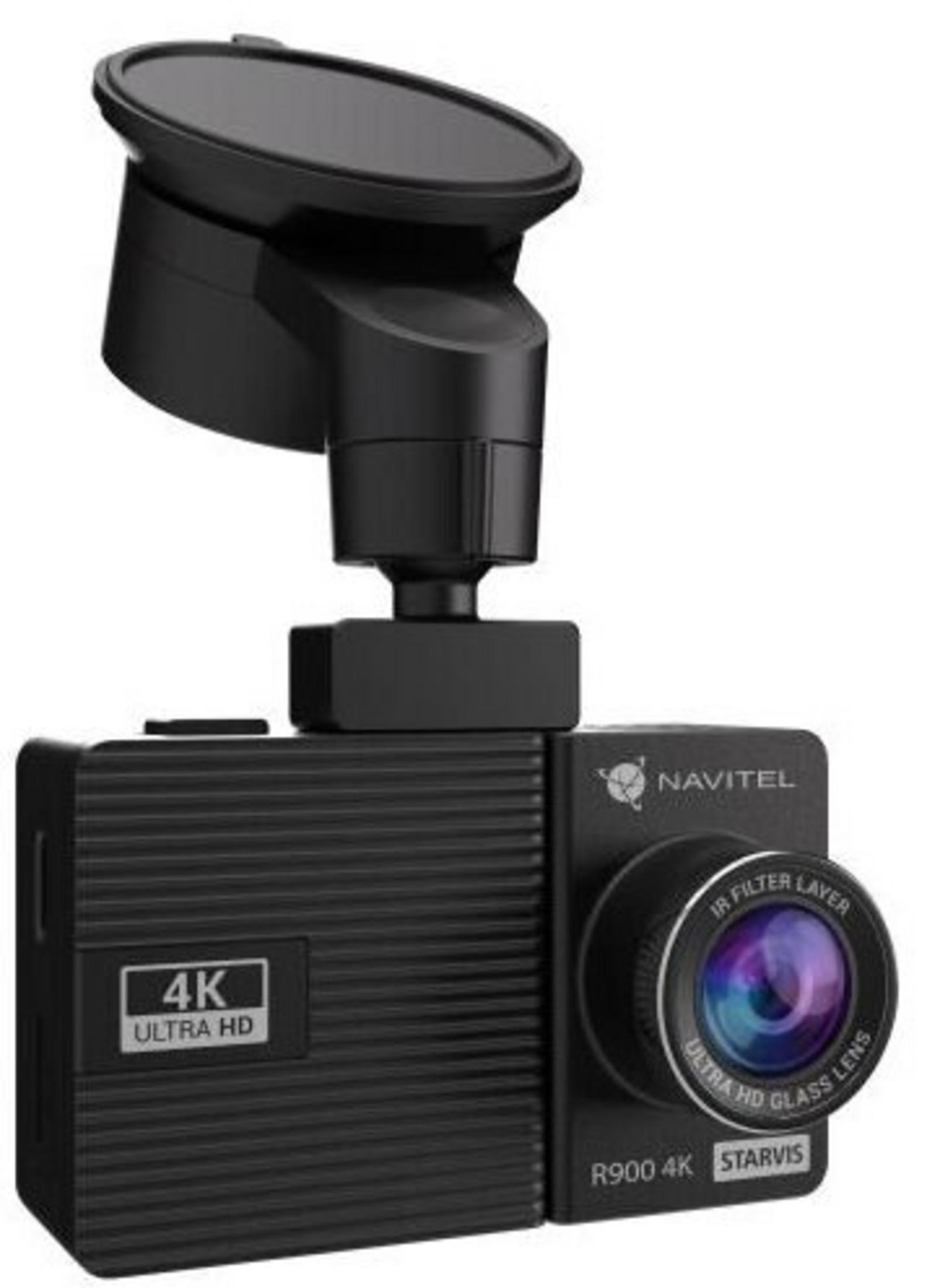 Schwarze Navitel R900 4K Dashcam mit Saugnapfhalterung und Ultra-HD-Glaslinse.