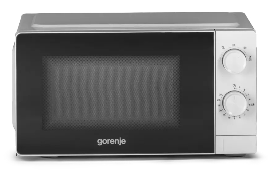 Biała kuchenka mikrofalowa Gorenje z czarnymi szklanymi drzwiami i dwoma pokrętłami po prawej stronie na białym tle.