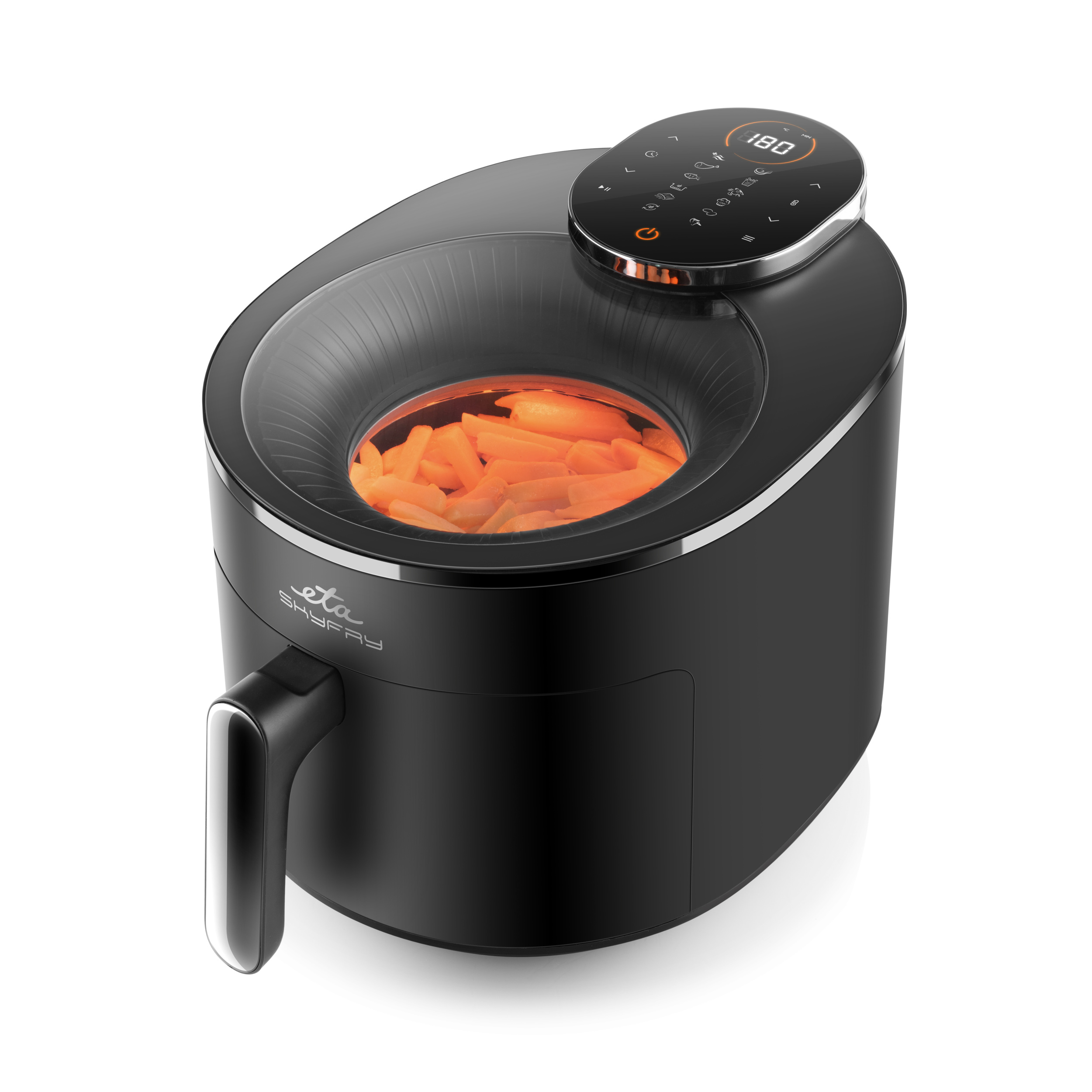 Friggitrice ad aria nera con display touch digitale in alto e finestrella con patatine fritte.