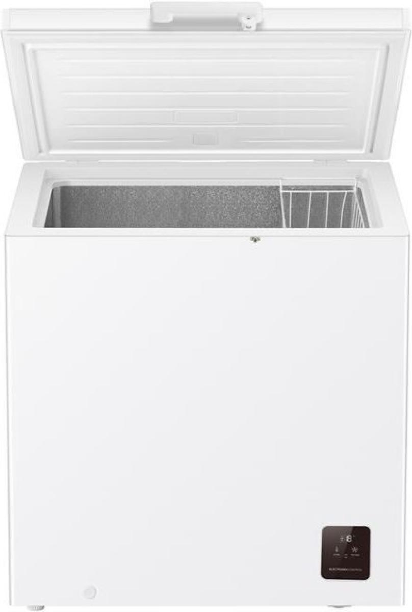 Eine weiße Gefriertruhe mit geöffnetem Deckel, einem inneren Korb und einem digitalen Display unten rechts.