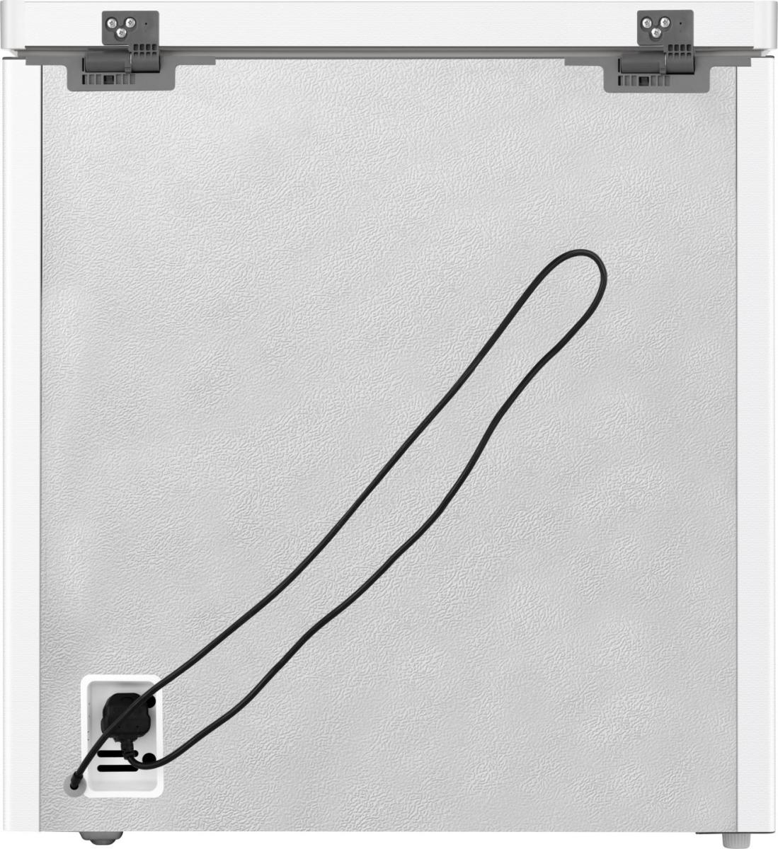 Rückseite eines weißen Geräts mit grauen Scharnieren oben und einem langen schwarzen Kabel, das unten angeschlossen ist.