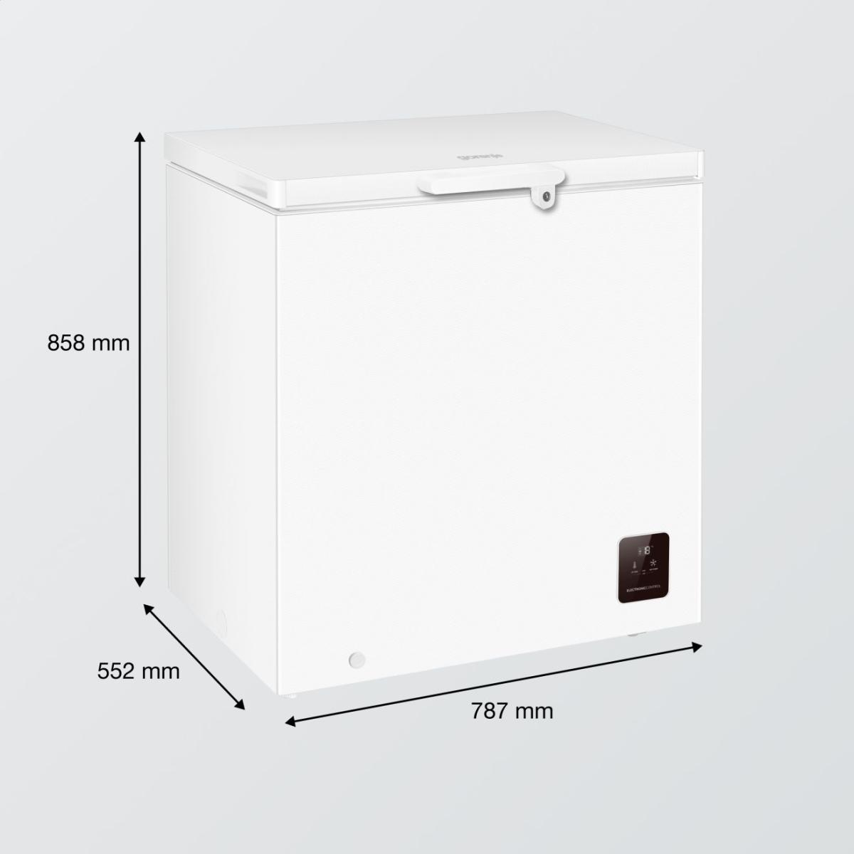 Weisse Gefriertruhe mit Massen von 858 mm Höhe, 787 mm Breite und 552 mm Tiefe und einem kleinen Display.