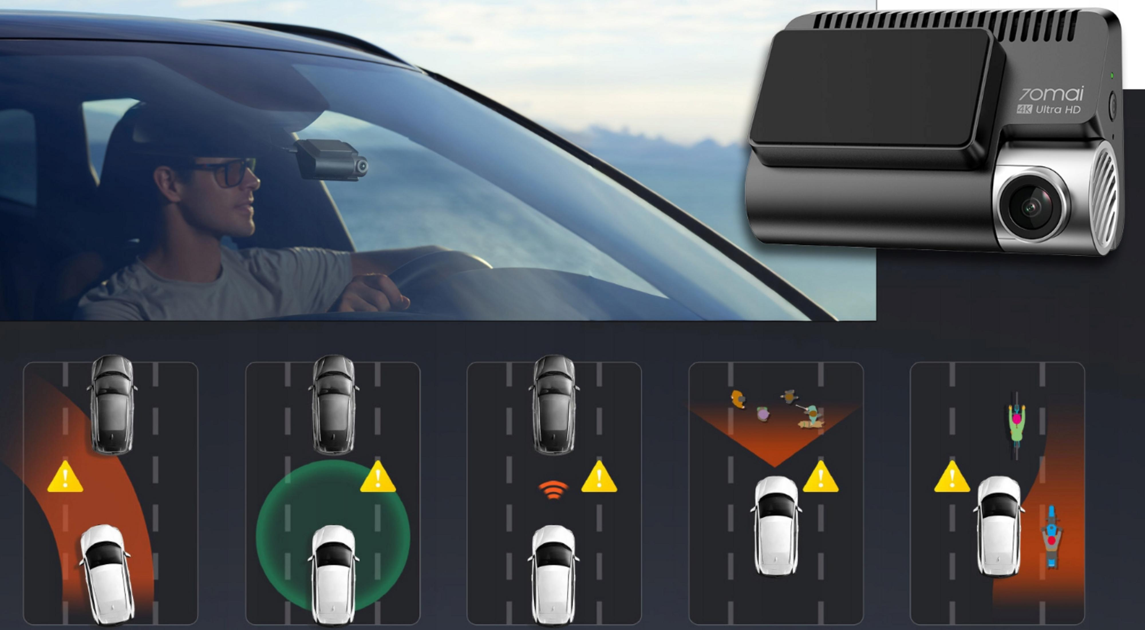 Eine schwarze Autokamera mit Anwendungsbeispielen für Fahrassistenzen und ein Fahrer im Auto.