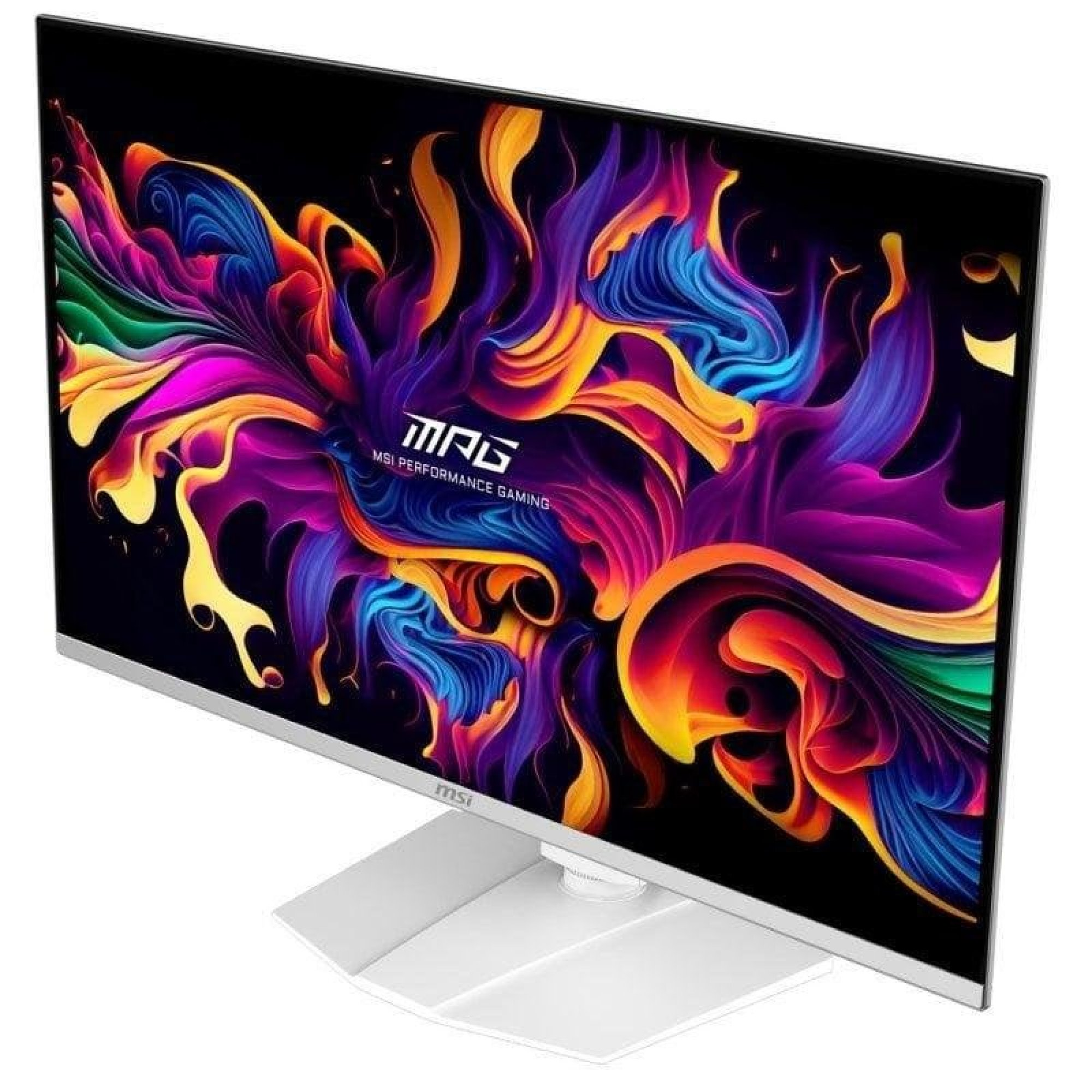 Un monitor di computer bianco mostra uno sfondo astratto vivace e colorato con toni fluidi.