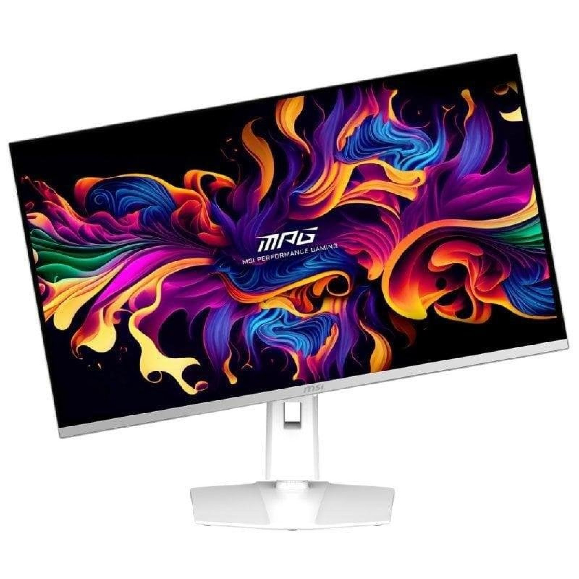 Un monitor da gioco MSI con base bianca e uno sfondo astratto vivace e colorato.