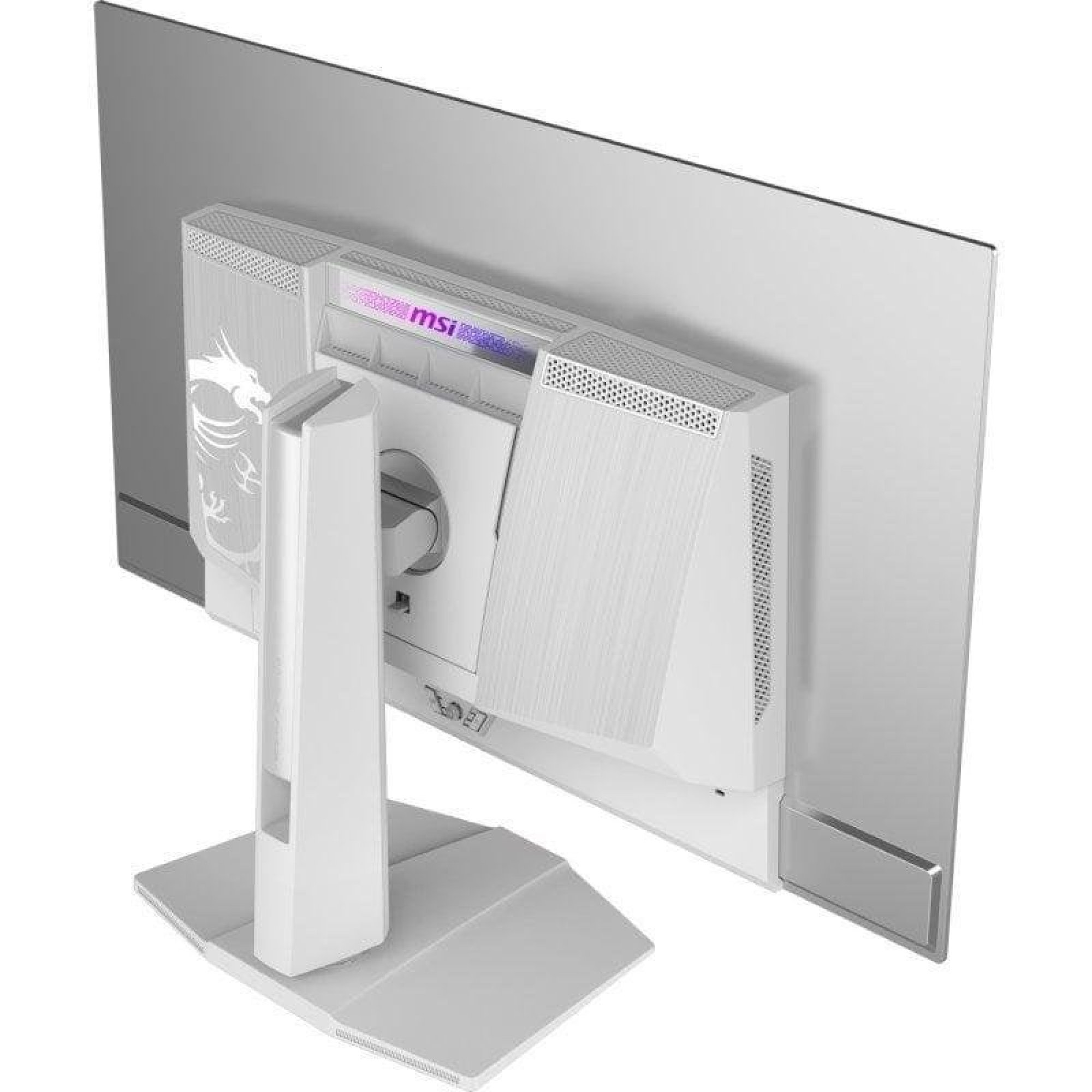 Vista posteriore di un monitor MSI bianco con logo del drago e supporto robusto.