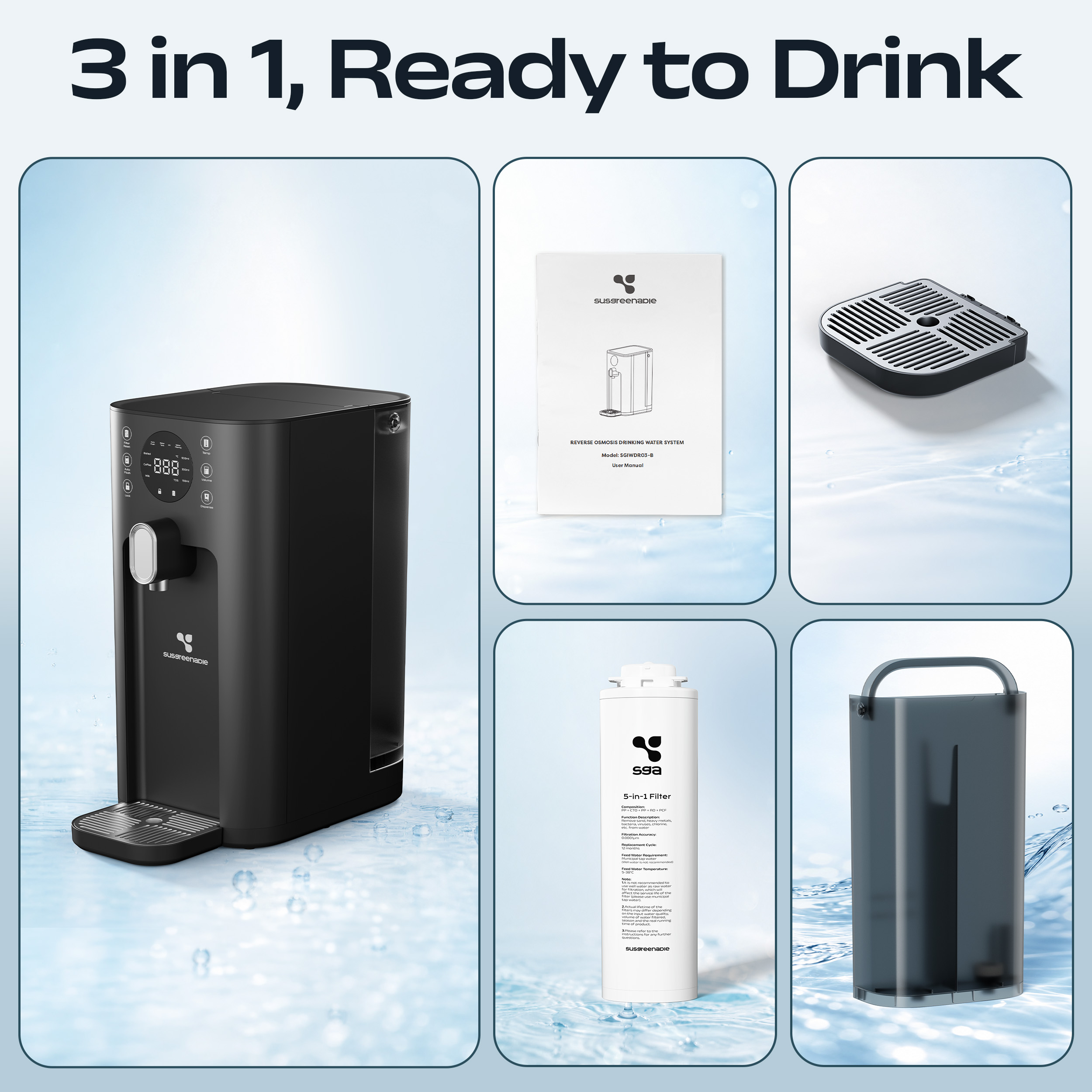 Een zwarte waterdispenser met handleiding, lekbak, filter en waterreservoir.