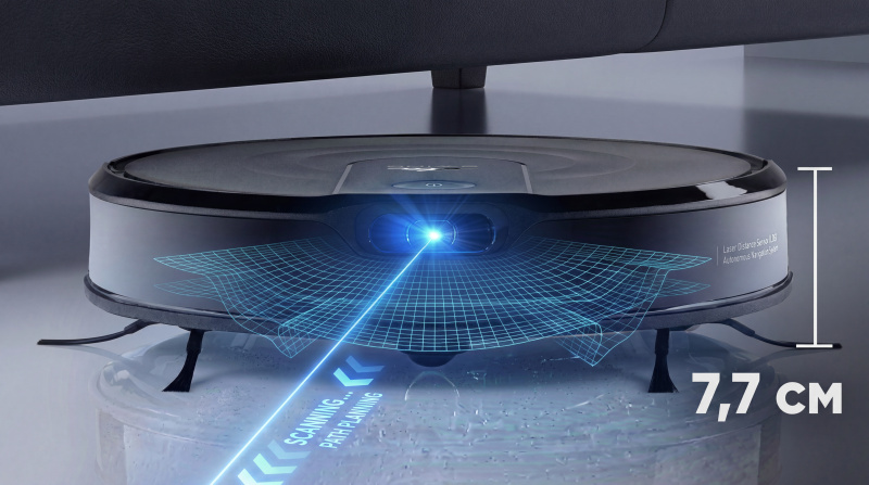 Ein 7,7 cm hoher Saugroboter scannt mit einem blauen Laser den Boden unter einem Möbelstück.