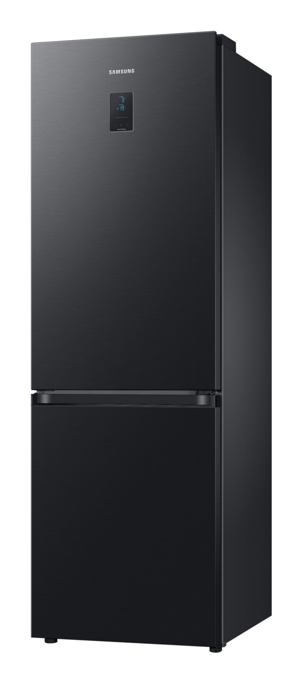 Elegancka, matowo czarna lodówka Samsung z cyfrowym wyświetlaczem na górnych drzwiach.