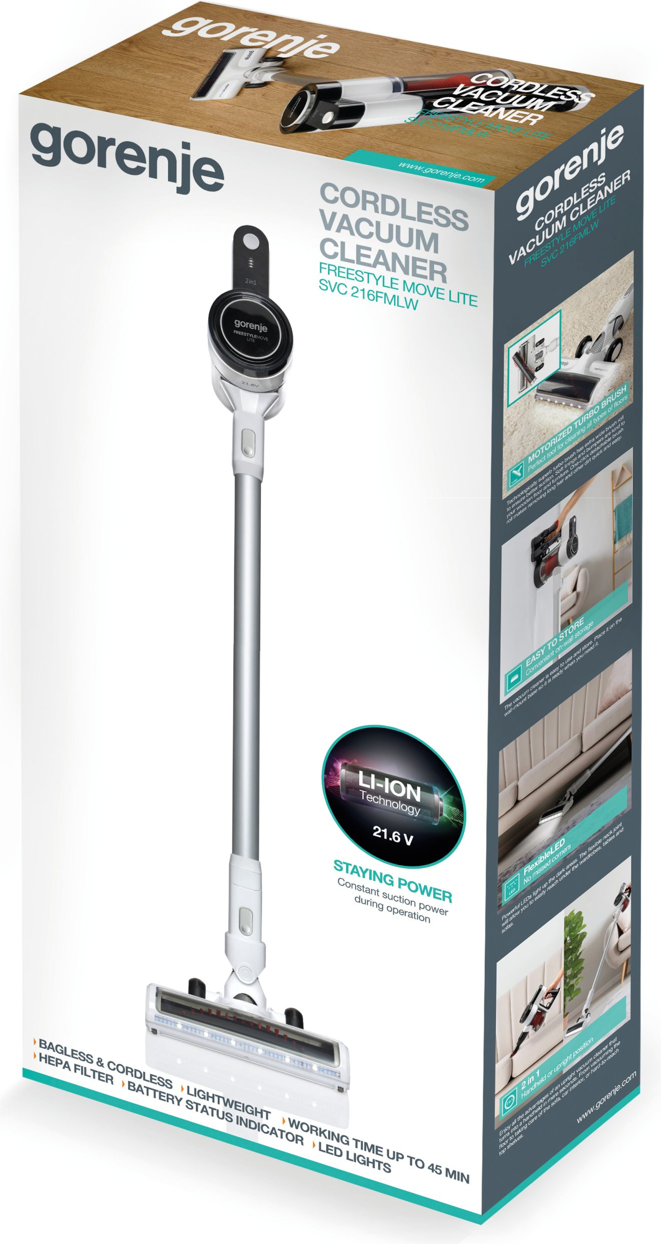 Eine weiße Gorenje Akkusauger-Verpackung mit Produkt und Funktionen auf Holzoberfläche.
