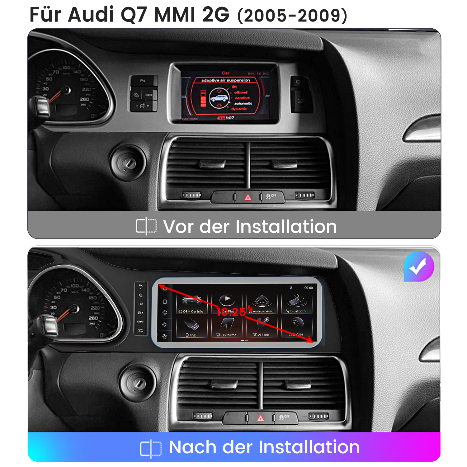 Vergleich des Audi Q7 MMI Armaturenbretts vor und nach der Installation eines neuen Touchscreen-Displays.