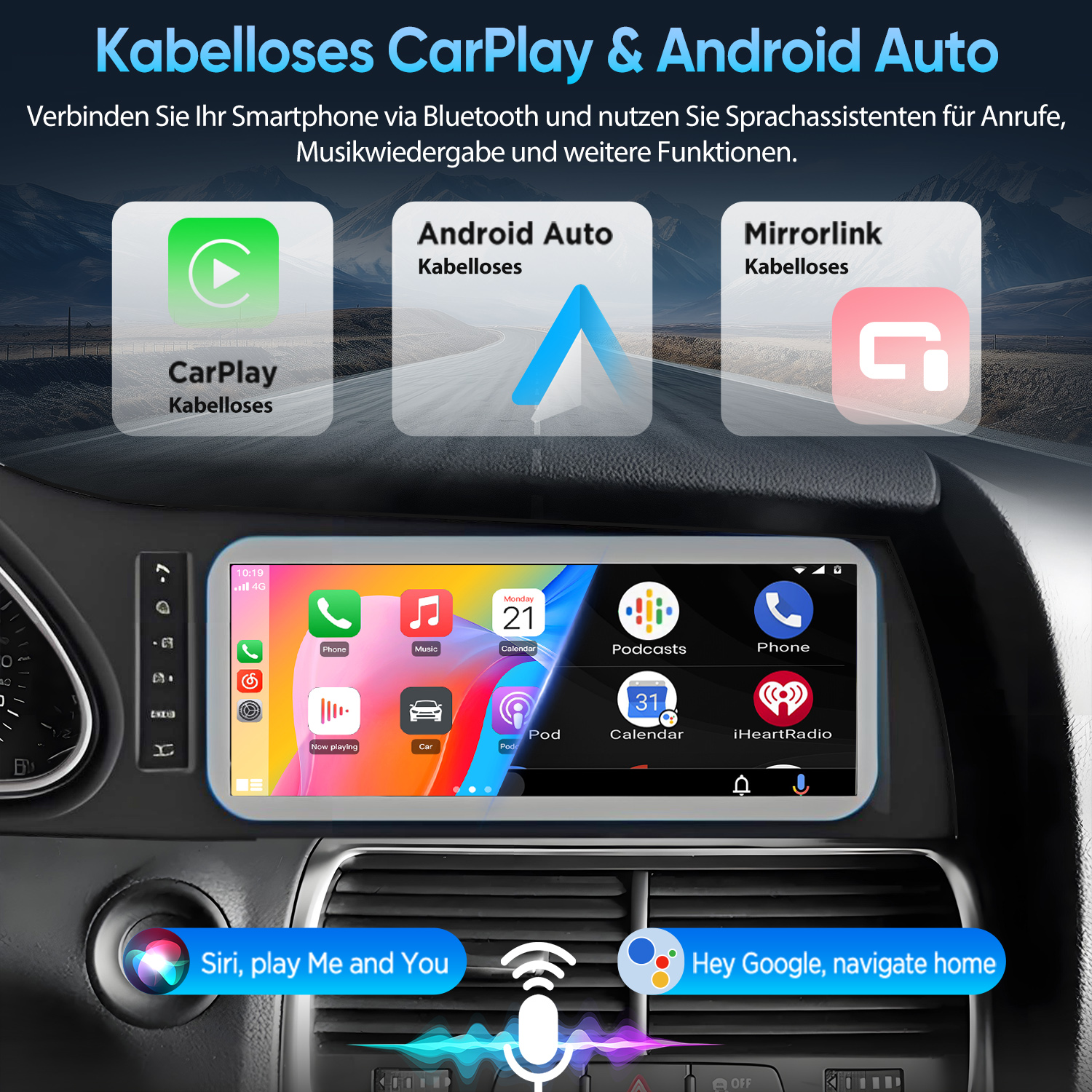 Auto-Display mit CarPlay und Android Auto über kabellose Verbindung auf einer kurvigen Straße.