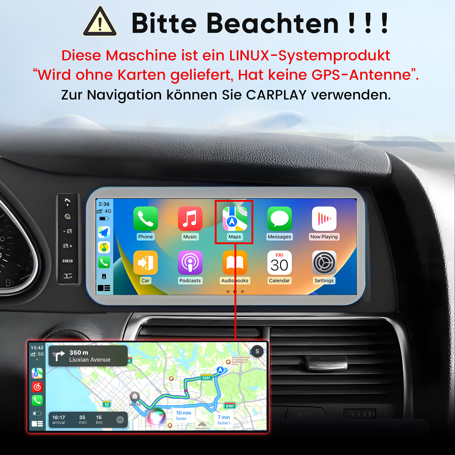 Linux-Carplay-Bildschirm im Auto mit deutscher Warnung und GPS-Hinweis.