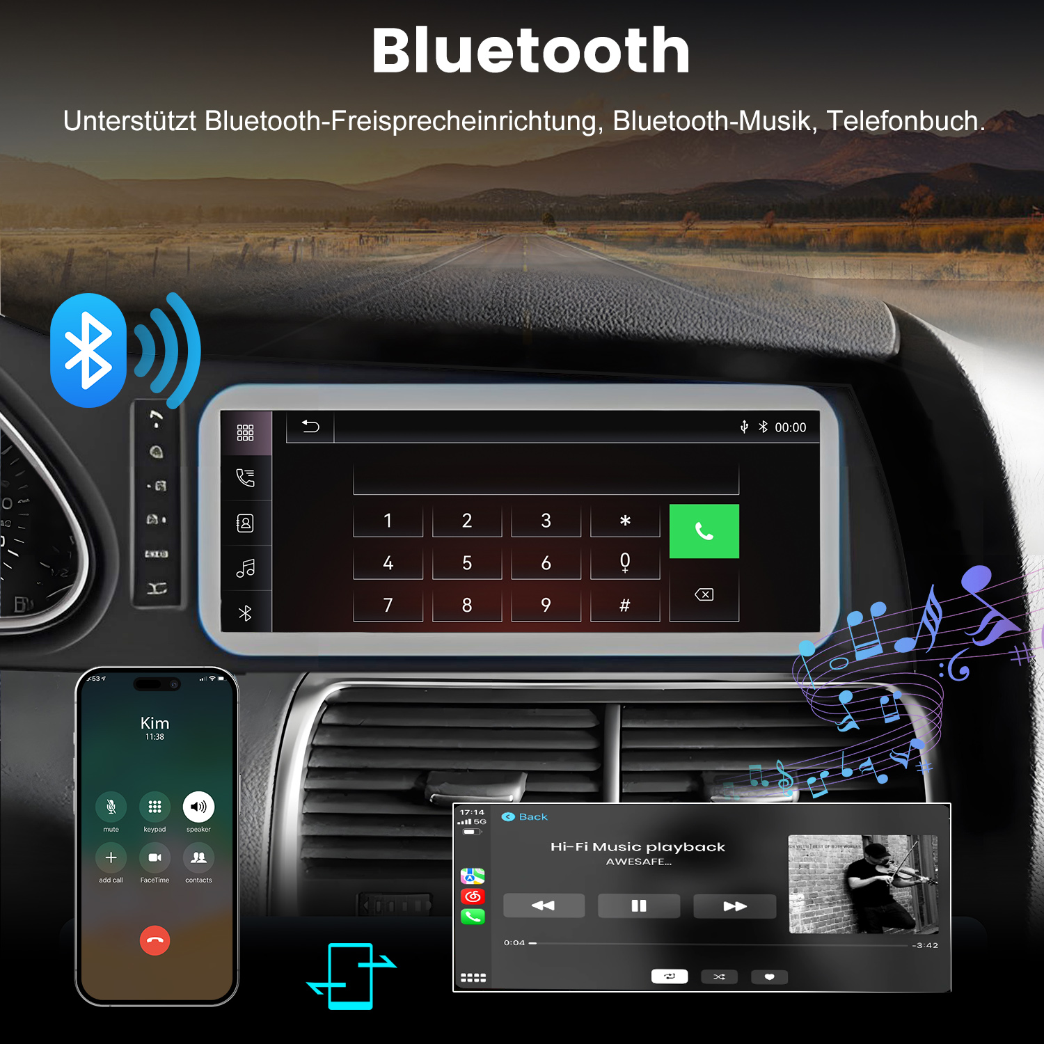 Autocockpit zeigt Bluetooth-Bildschirm, Anrufoberfläche und Musikwiedergabe.