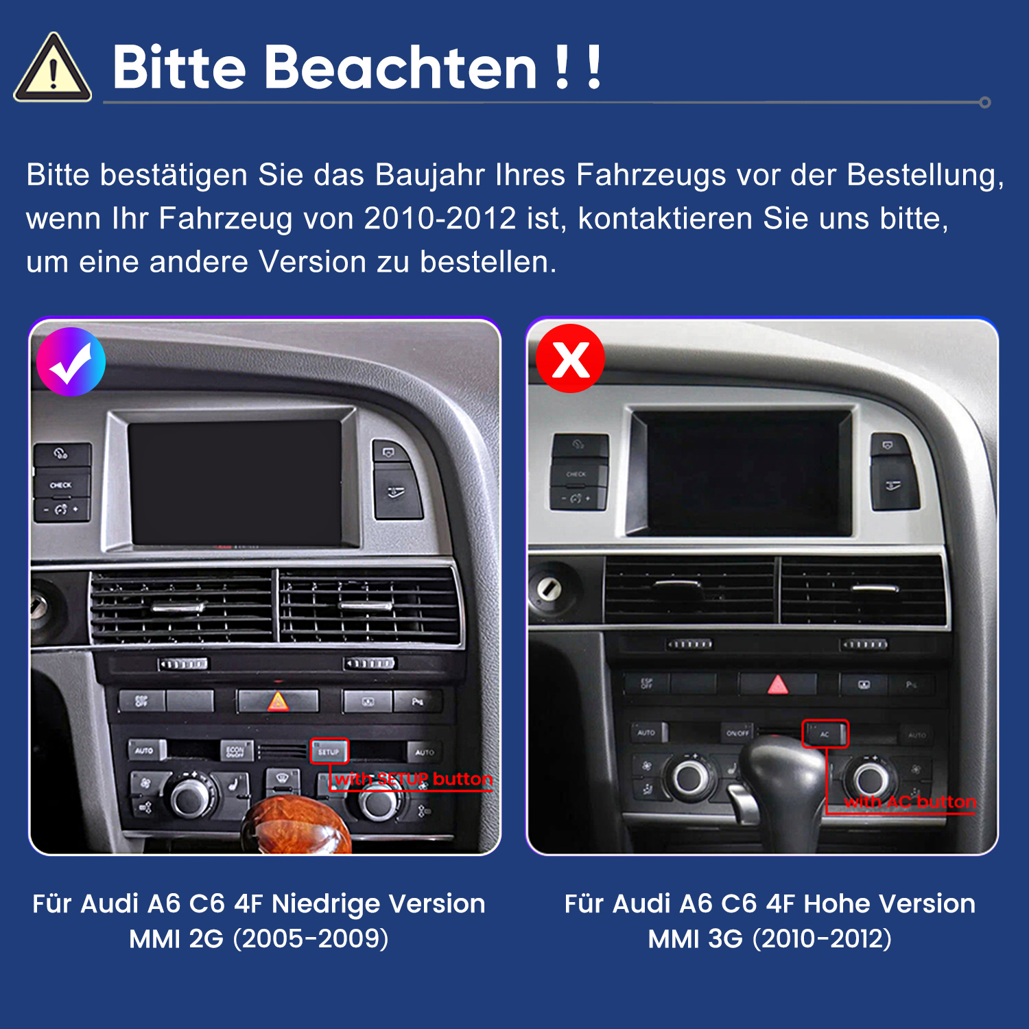 Vergleich der Audi A6 C6 Armaturenbrettversionen: MMI 2G mit SETUP-Knopf und MMI 3G mit AC-Knopf.