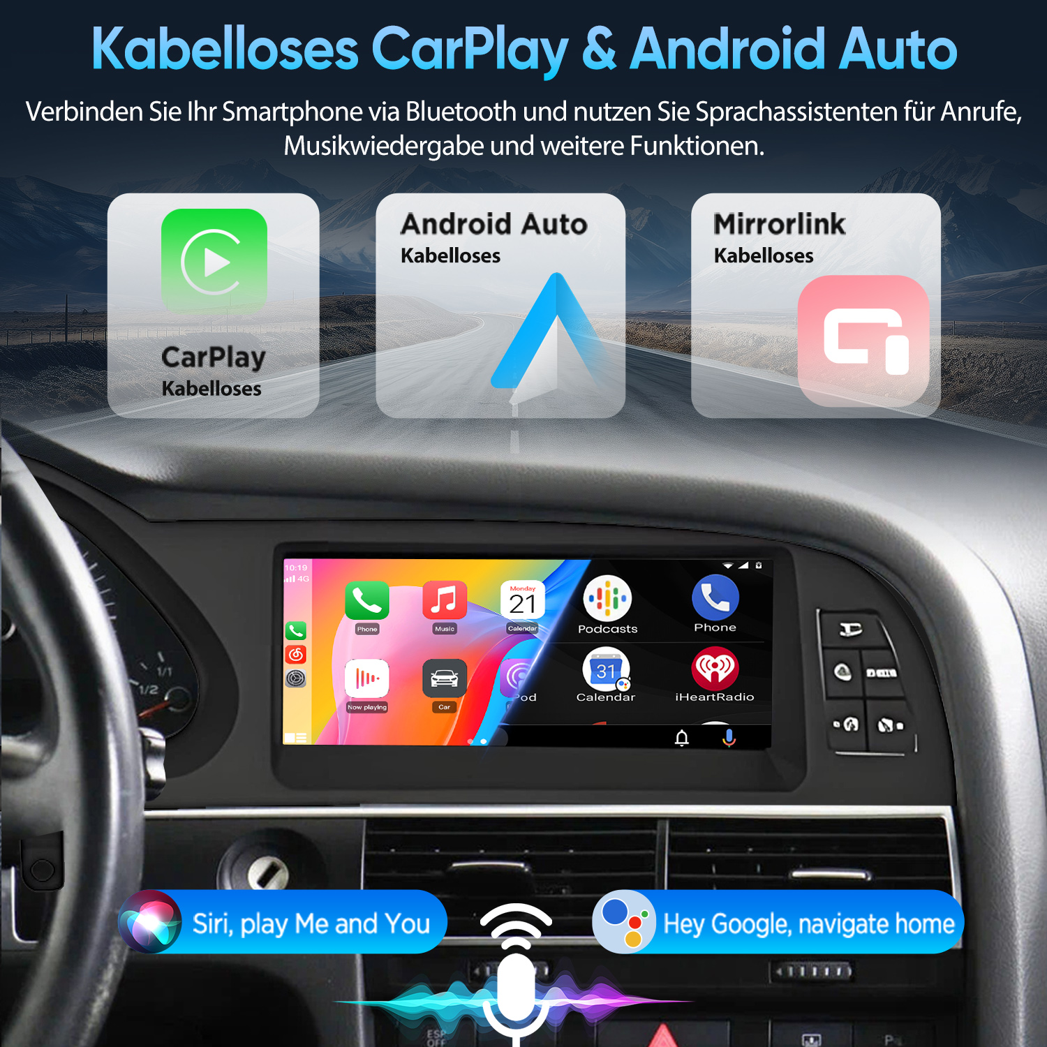 Auto-Dashboard mit Bildschirm, der CarPlay und Android Auto zeigt, vor einer Bergkulisse.