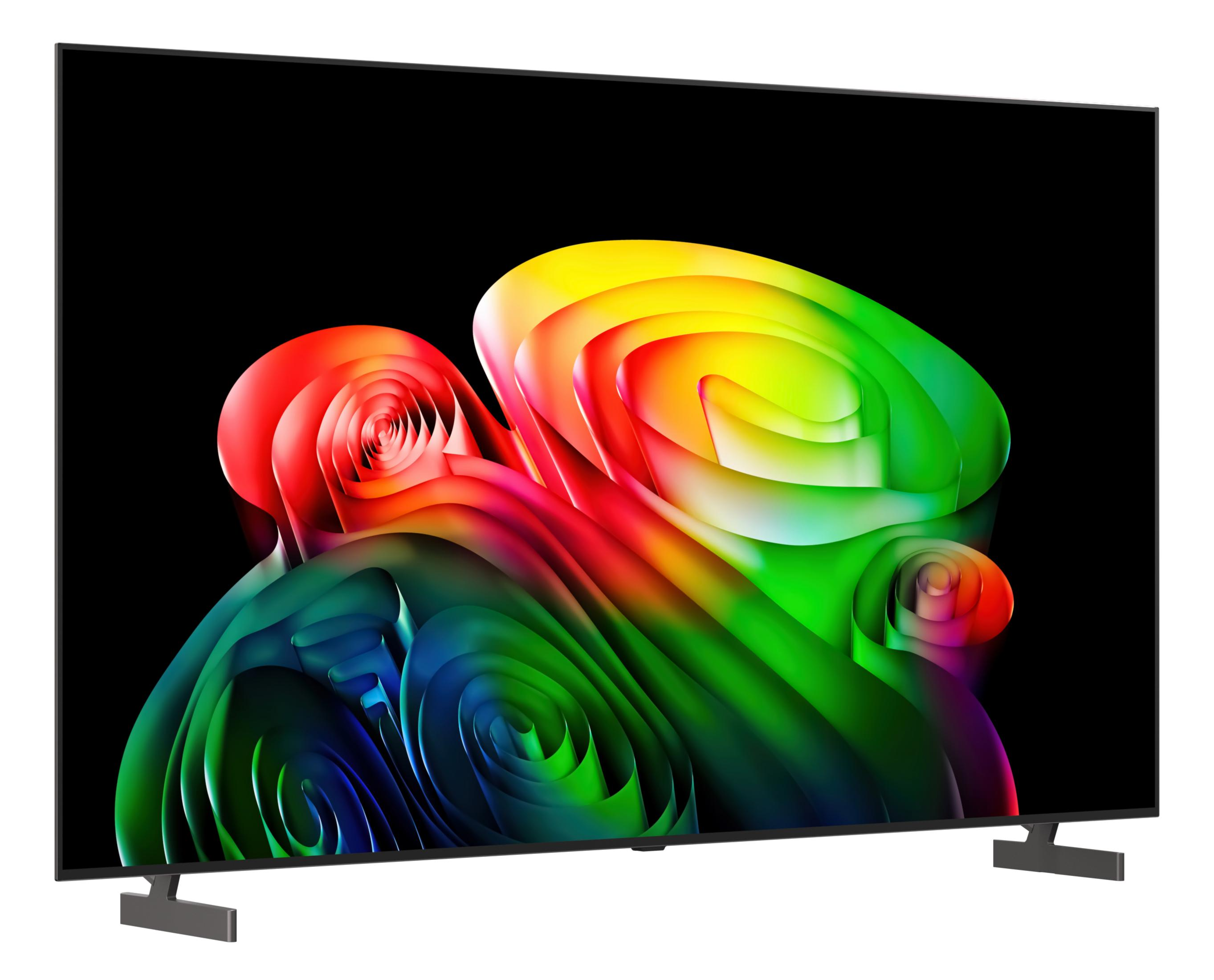 Ein Fernseher zeigt abstrakte, bunte, spiralförmige Formen auf schwarzem Hintergrund.