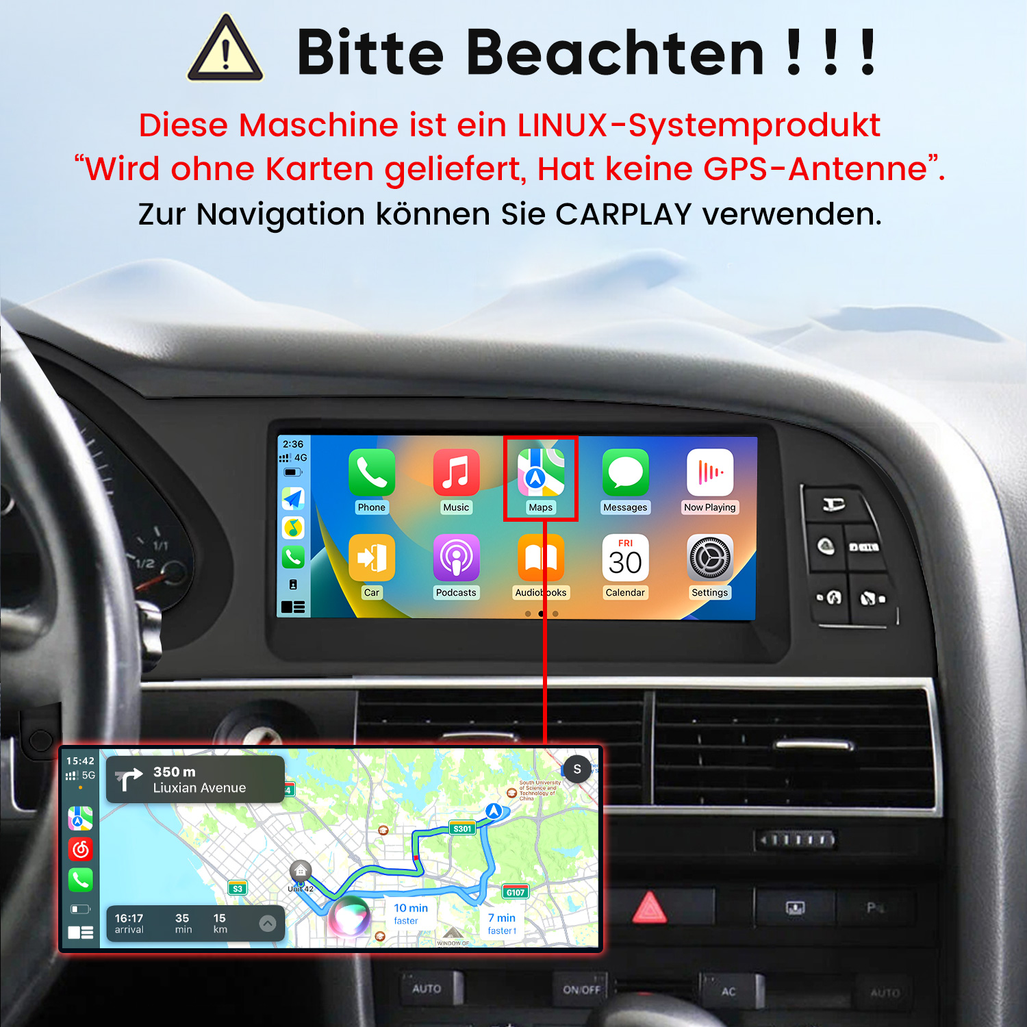 Autocockpit mit Touchscreen-Display, CarPlay-Karten und deutscher Warnmeldung.