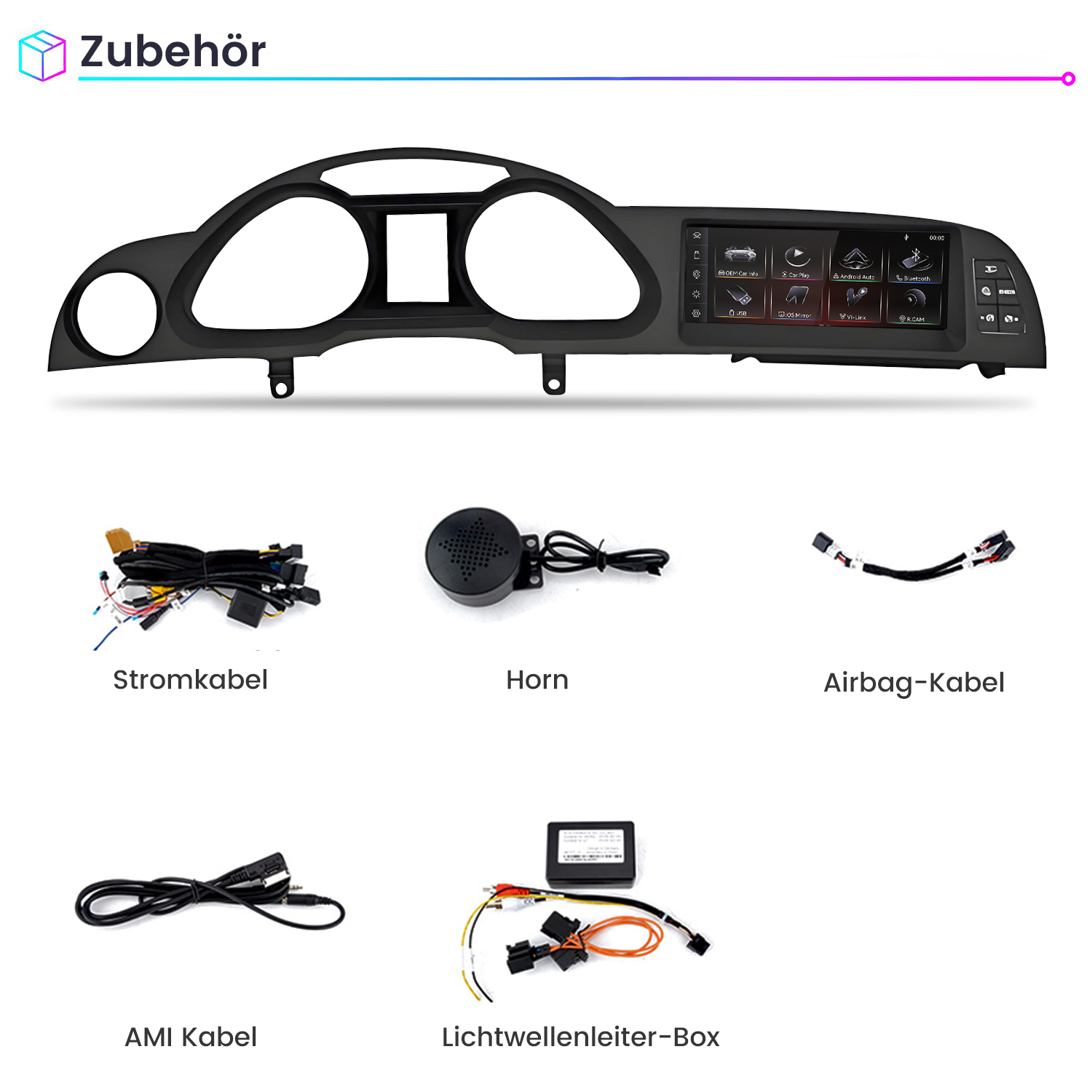 Dashboard-Verkleidung mit Display und Zubehör wie Kabel, Horn und Box auf weißem Grund.