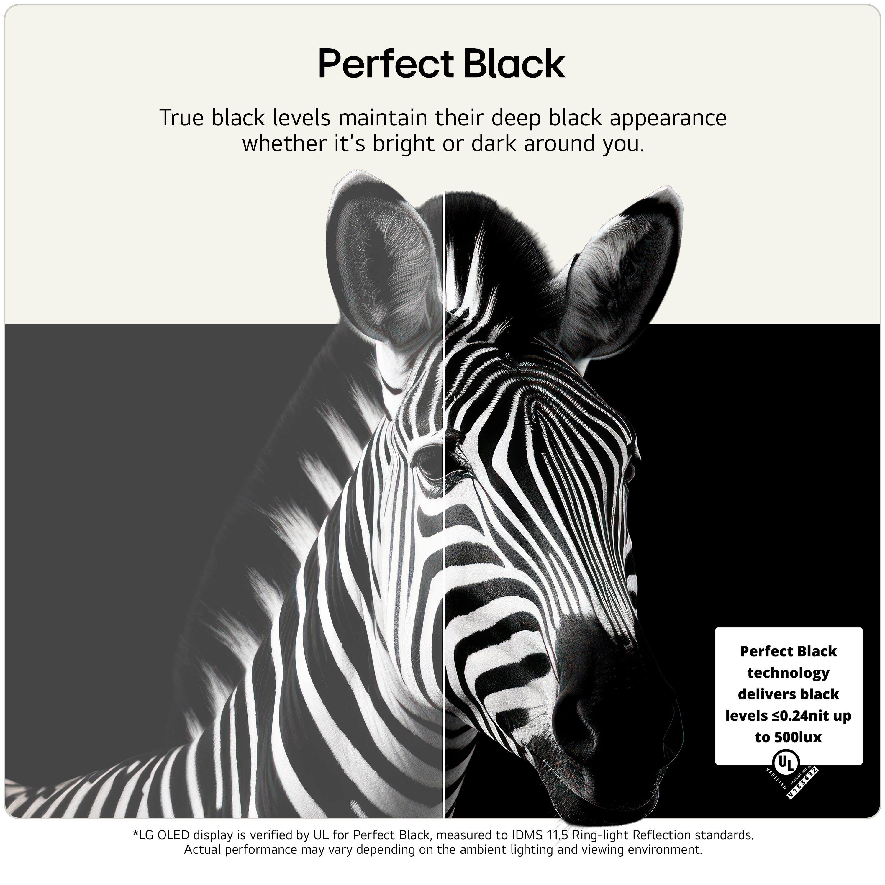 Ein geteiltes Zebra-Bild zeigt den Kontrast zwischen grau und tiefen Schwarzwerten zur Demonstration der Displaytechnologie.