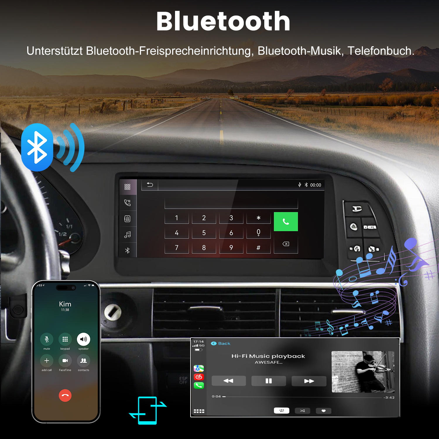 Auto-Infotainment-System mit Bluetooth, Freisprecheinrichtung, Musikwiedergabe und Telefonbuch.