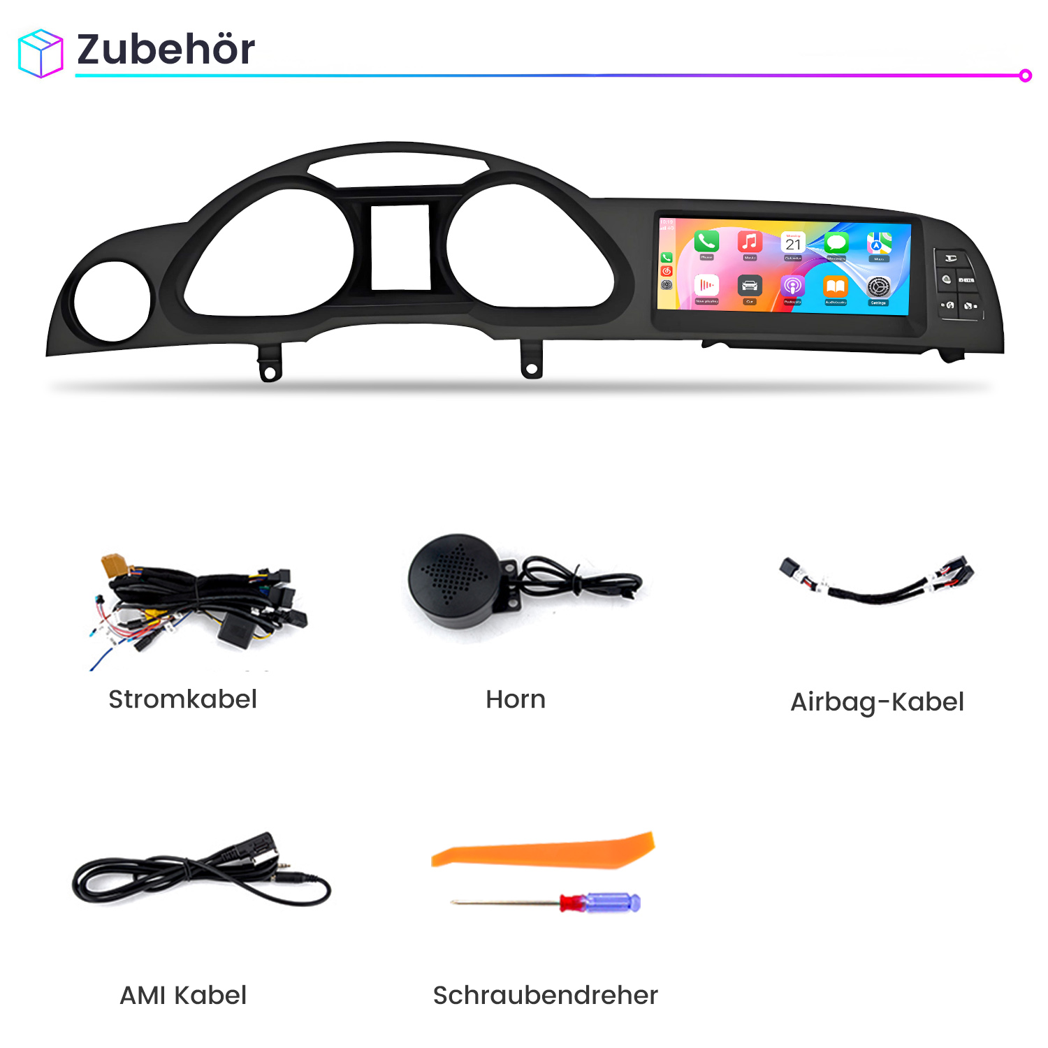 Auto-Armaturenbrettrahmen mit Bildschirm und Zubehör wie Kabeln, Hupe und Schraubendreher.
