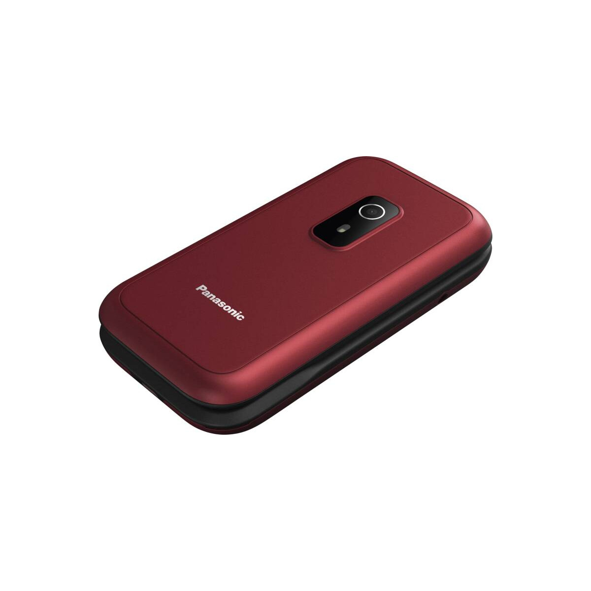 Ein geschlossenes rotes Panasonic-Klapphandy auf weißem Hintergrund.