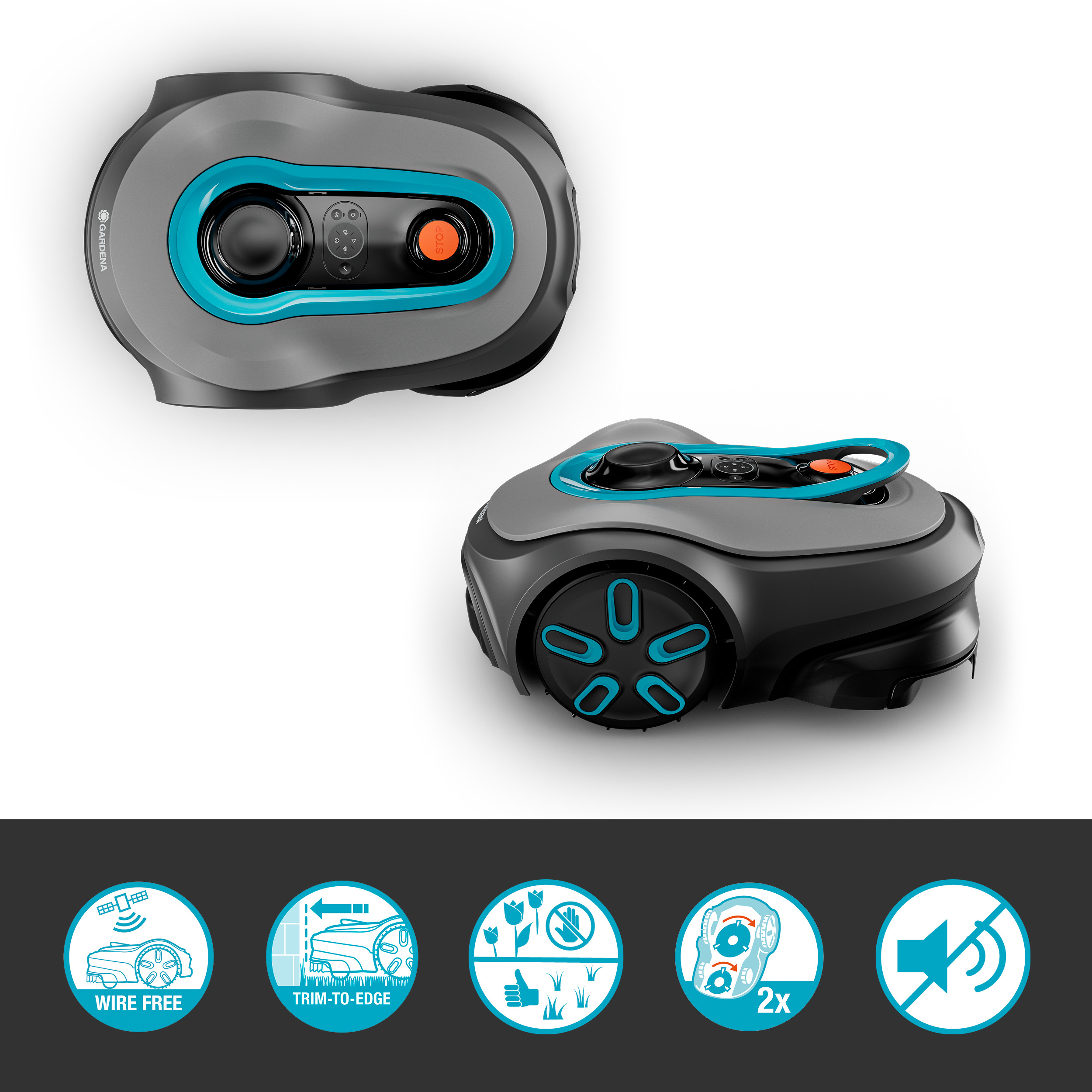 Grau-schwarzer Mähroboter mit blauen Akzenten, in Draufsicht und Schrägansicht, über fünf Funktionssymbolen.