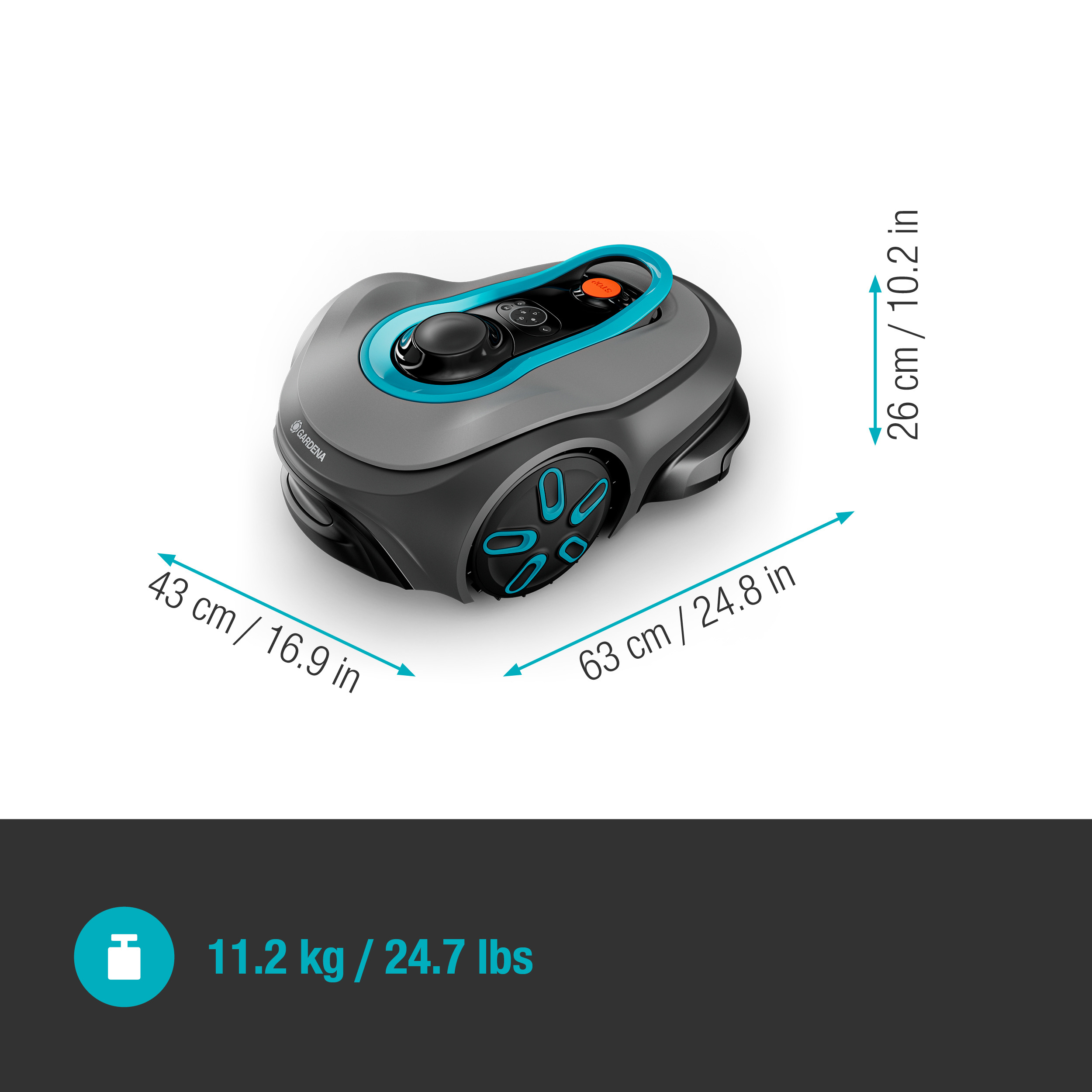 Grauer Mähroboter mit blauen Akzenten, Maßen (63x43x26 cm) und Gewicht (11,2 kg) auf weißem und dunklem Grund.