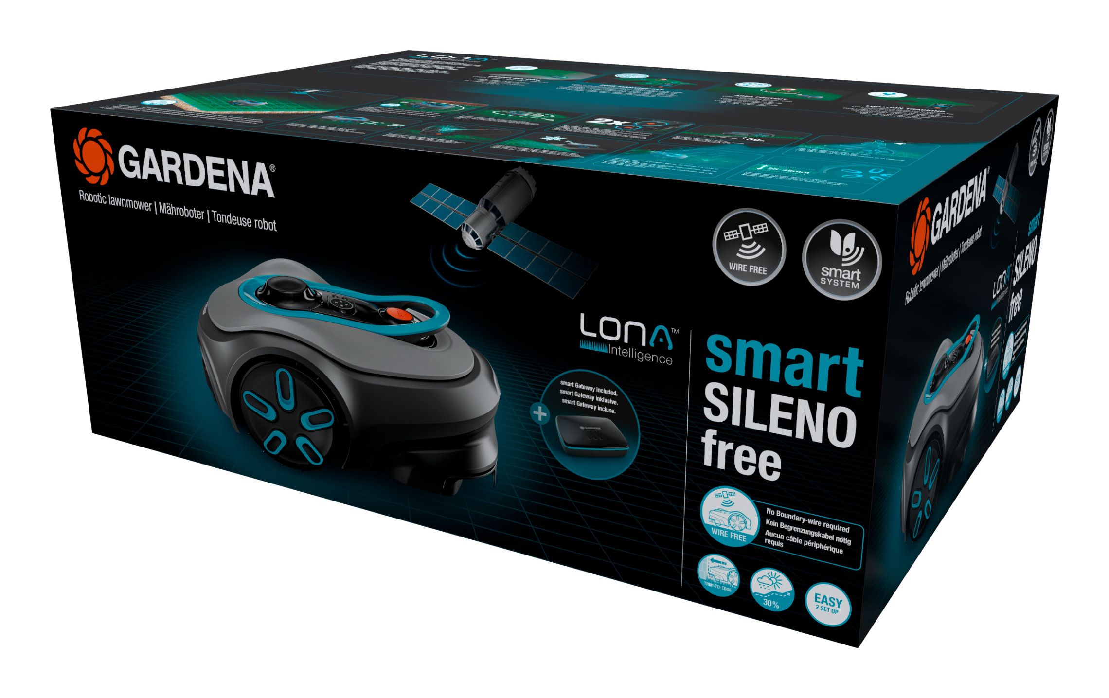 Verpackung eines Gardena smart SILENO free Mähroboters mit Produktbild und Logos auf dunklem Grund.