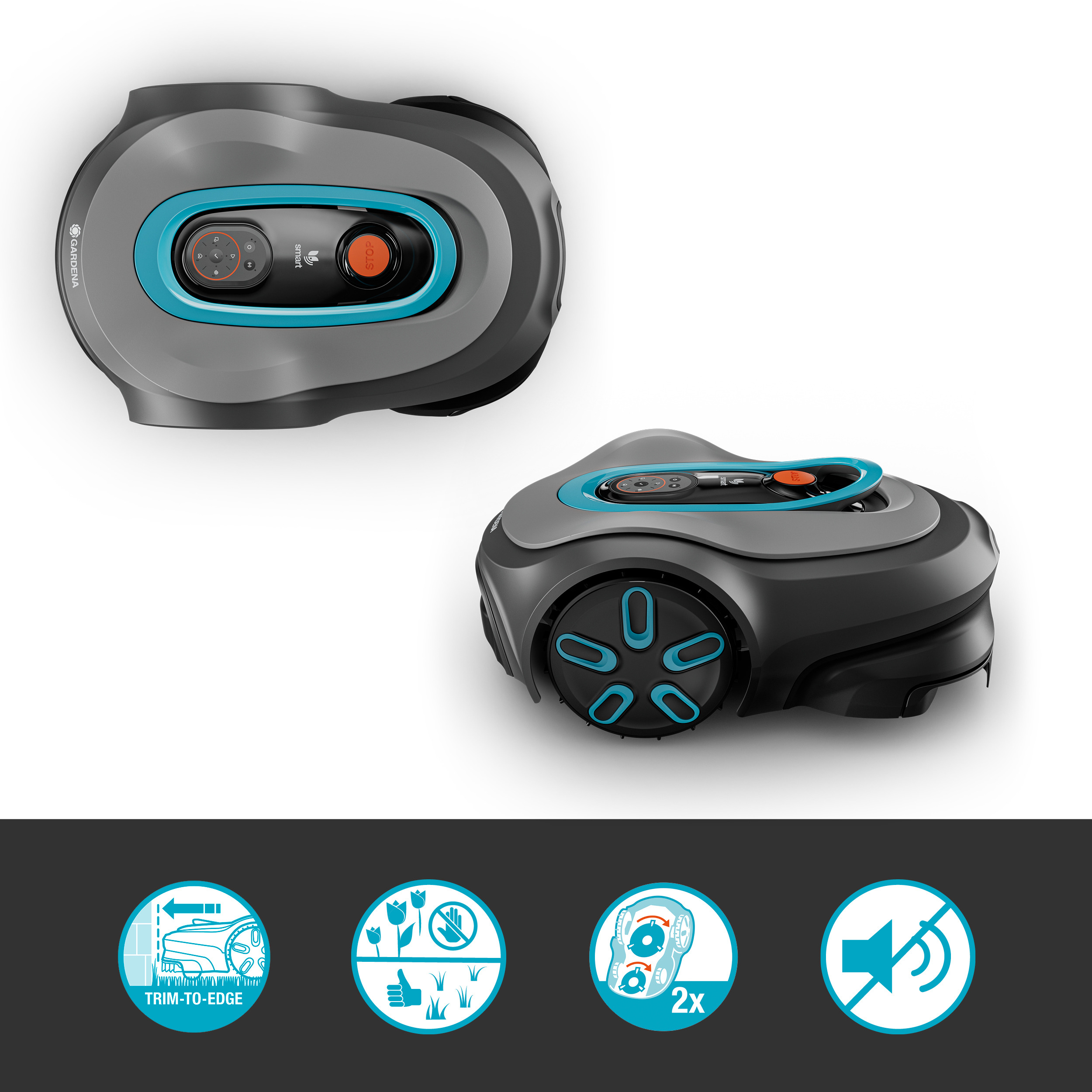 Grauer Mähroboter mit blauen Akzenten und vier Funktionssymbolen.